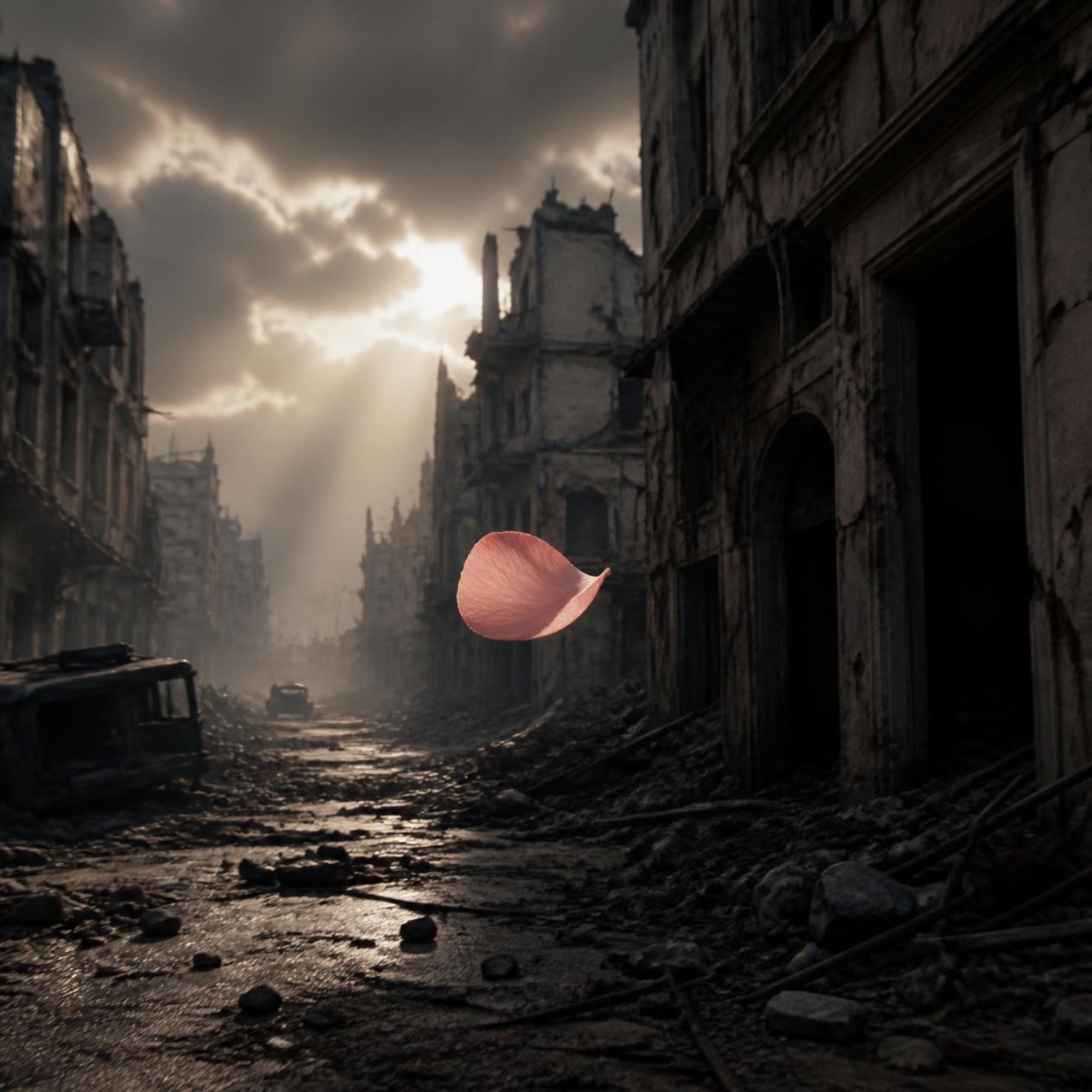 A single pink petal floats through the ruins of a dark city towards a shaft of sunlight.