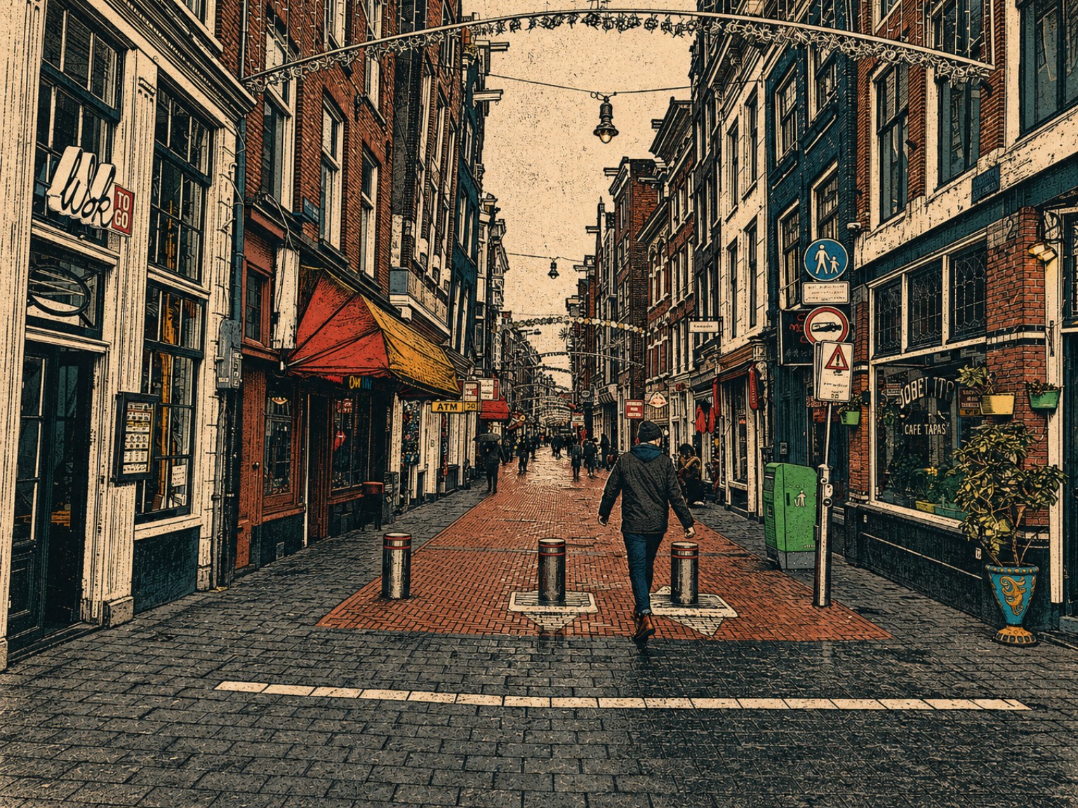 A richly detailed vintage ink-style street lined with traditional Amsterdam canal houses and shops.