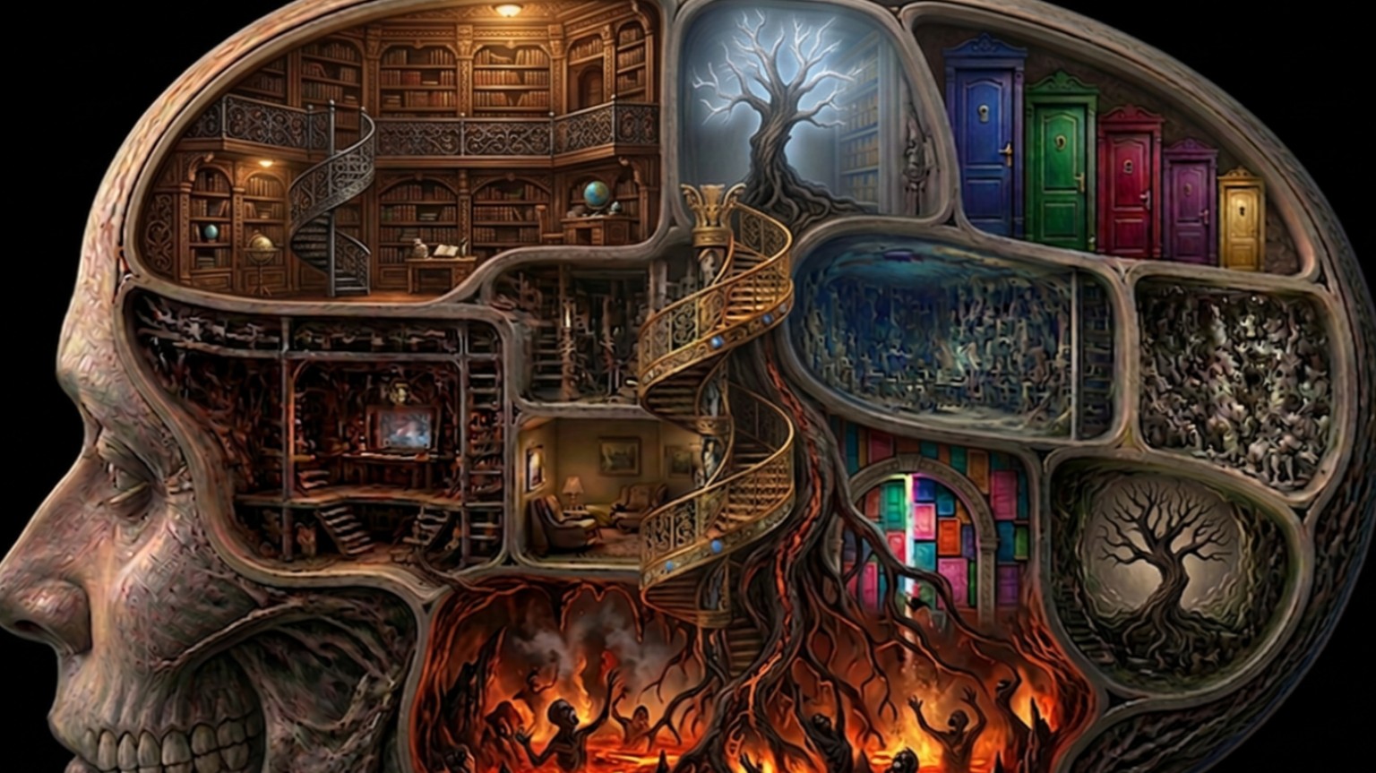 A cutaway human head reveals libraries, doors, staircases, shadowed rooms and roots within the mind.