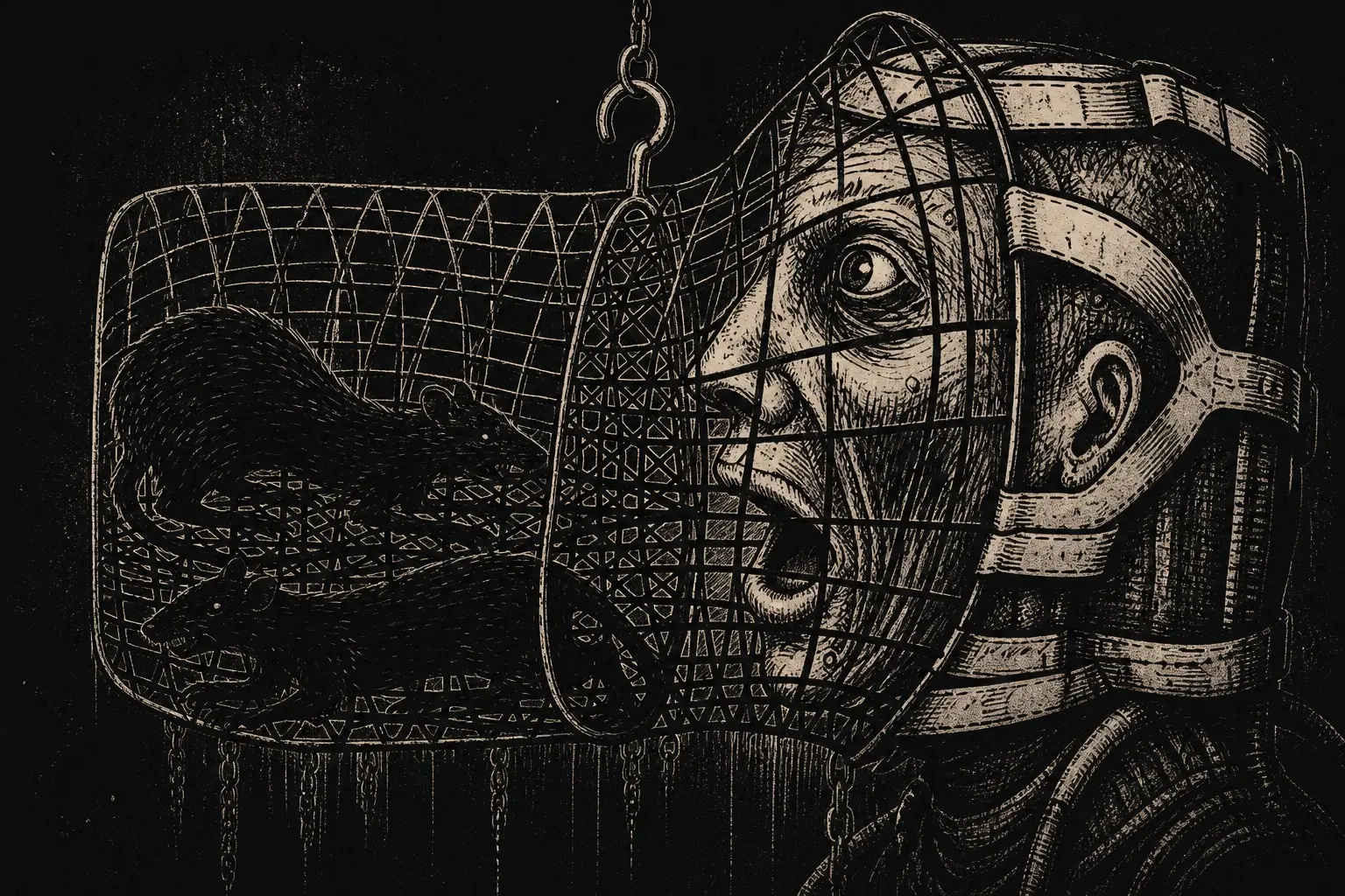 A distressed person in a protective head frame faces two rats held inside a suspended cage.