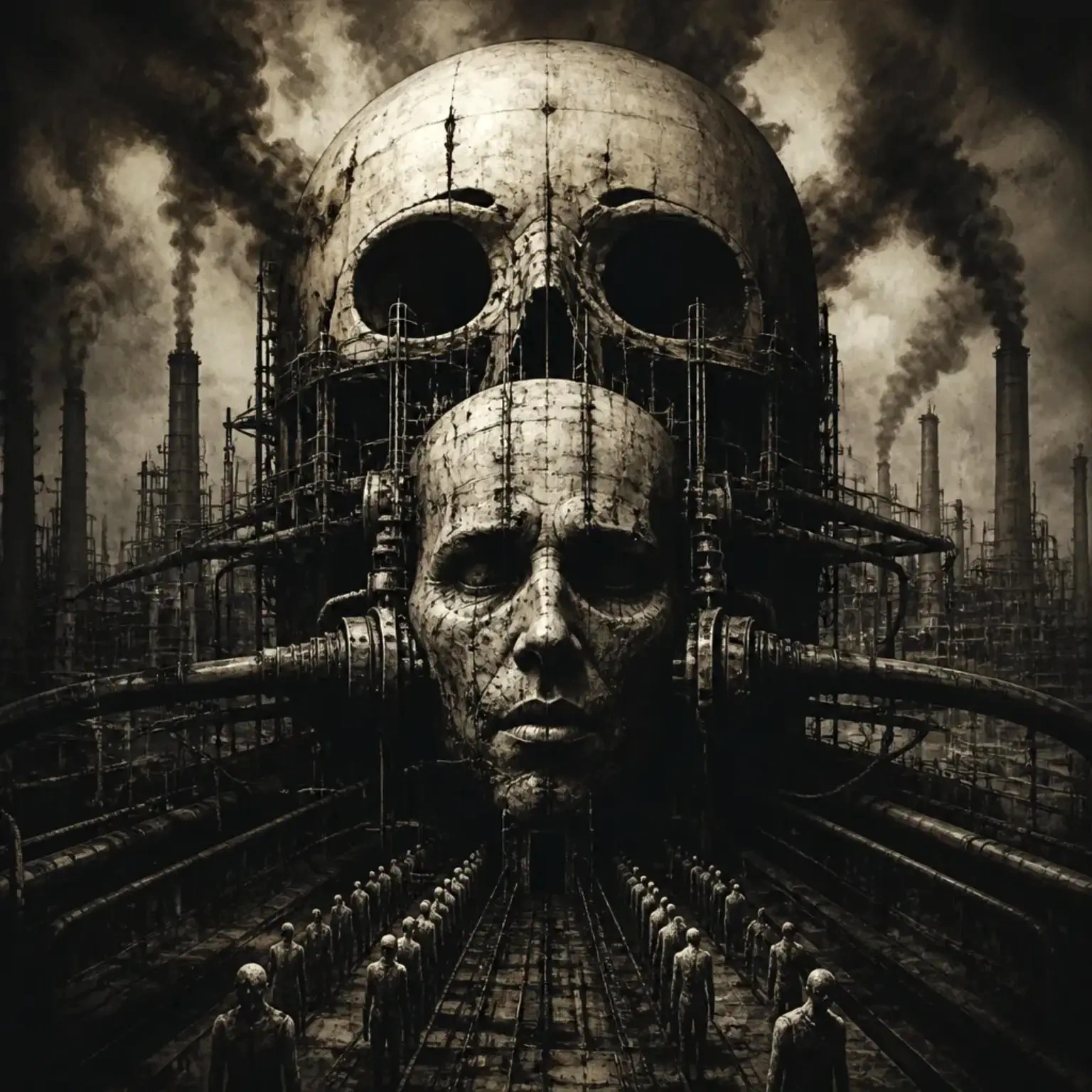 Human faces form a vast skull-shaped factory surrounded by pipes and smoke.