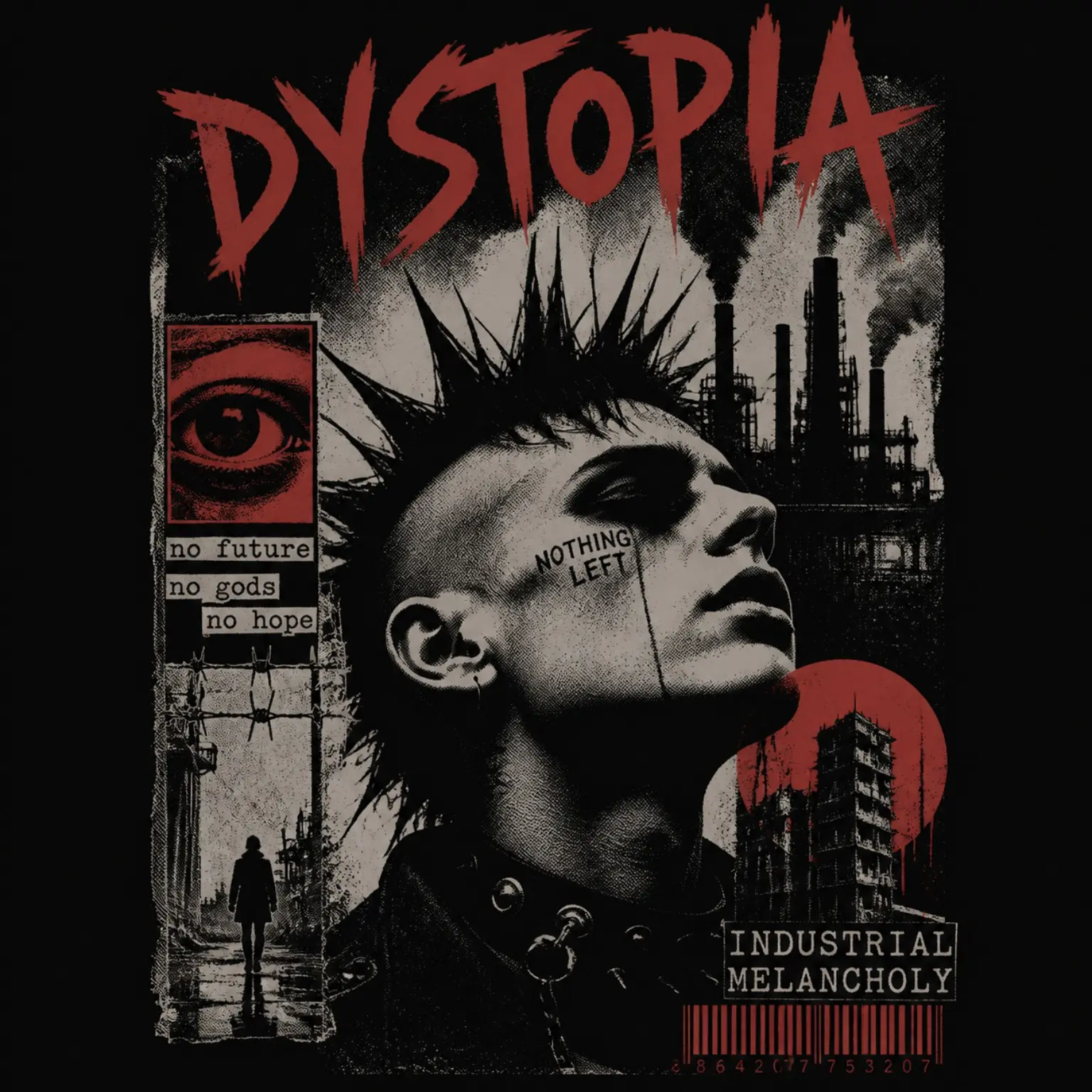A punk portrait is framed by an industrial skyline, red graphics and the word Dystopia.