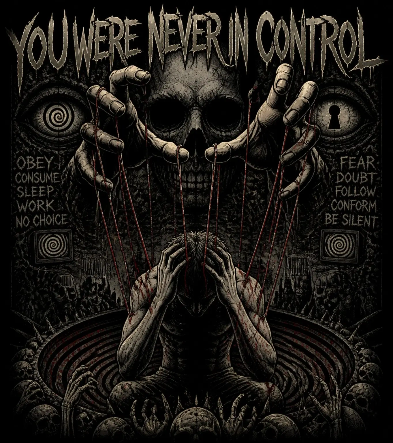 A skull-like figure pulls red strings above a person surrounded by warnings and symbols of control.