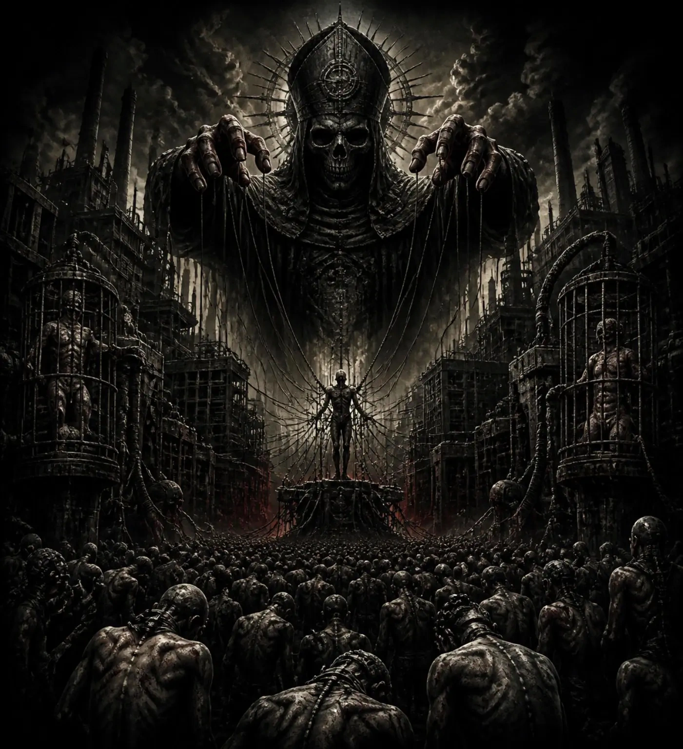 A towering skeletal figure controls a captive industrial city with puppet strings.
