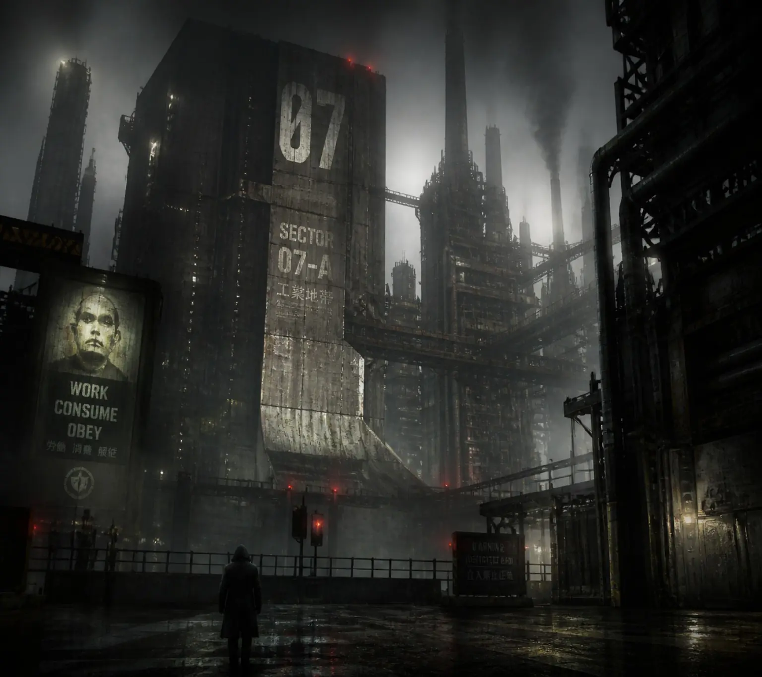 A lone figure faces a vast rain-soaked industrial complex marked Sector 07 and authoritarian warnings.