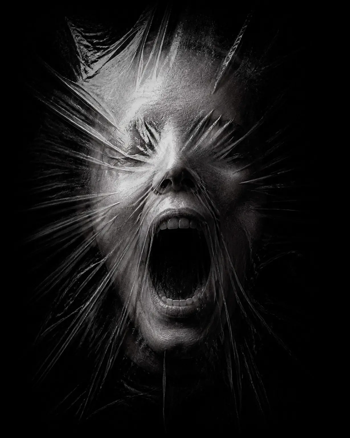 A monochrome screaming face appears to splinter outward into sharp translucent forms.