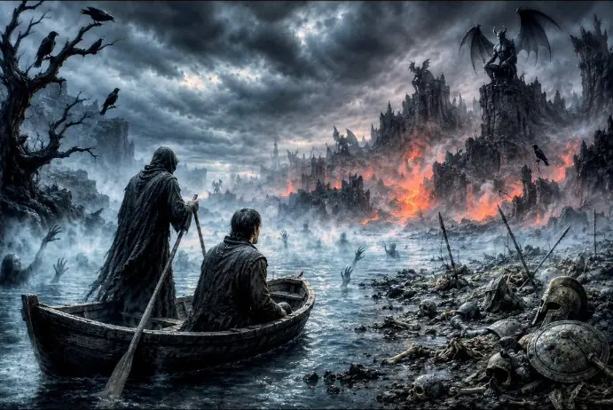 Two travellers cross dark water towards a burning ruined city watched by winged creatures.