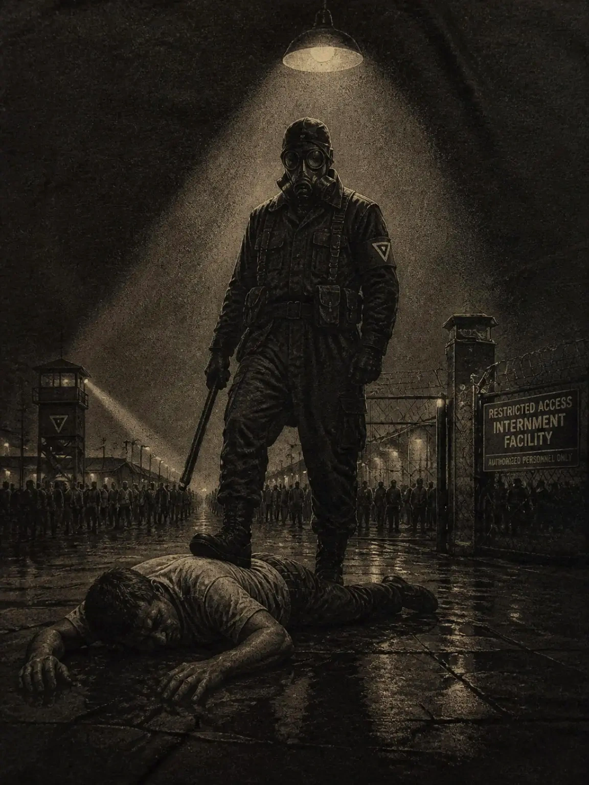 A lone masked guard stands beneath an overhead light in a dark internment compound.