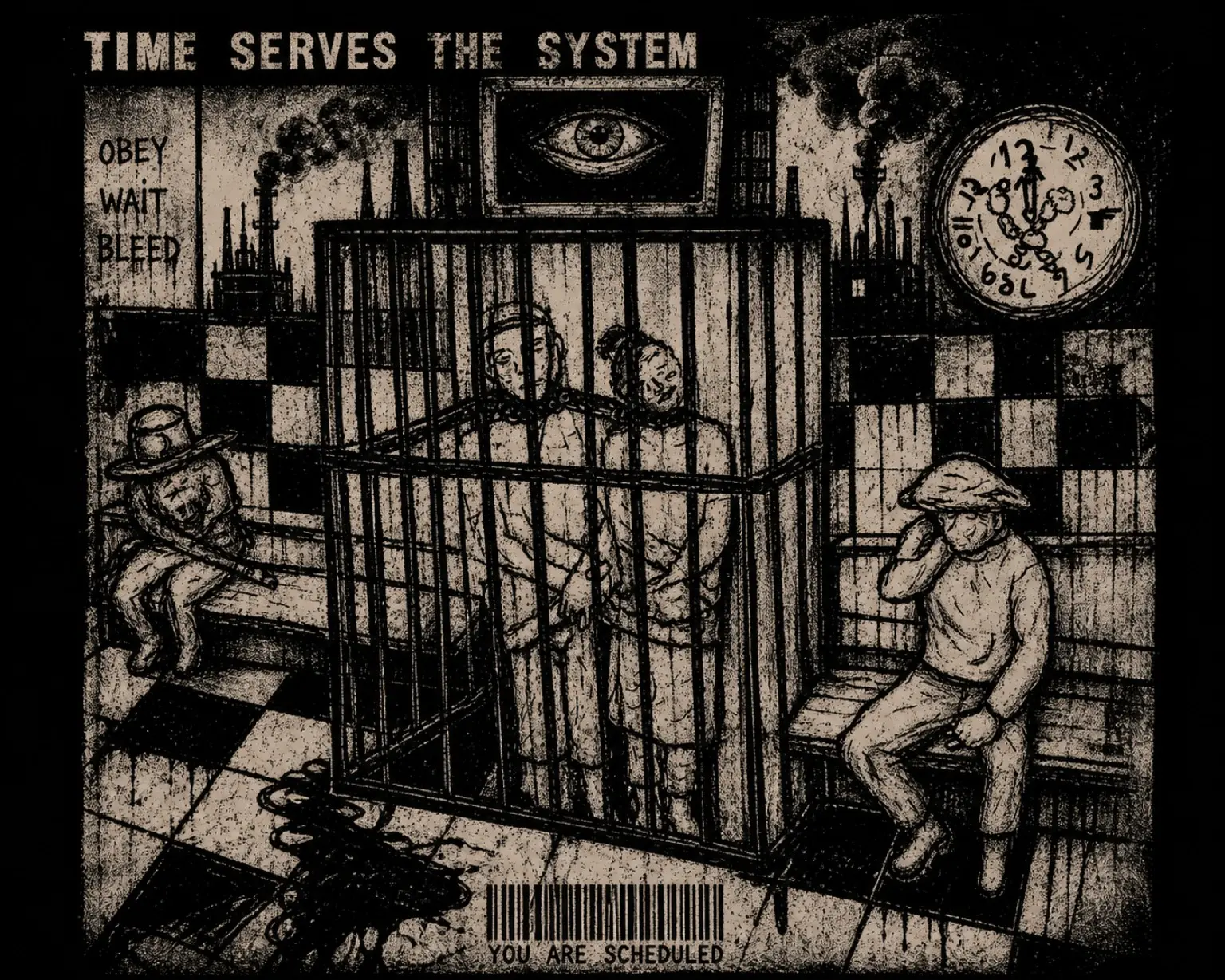 People wait inside and around a cage beneath a watching eye, factory smoke and a broken clock.