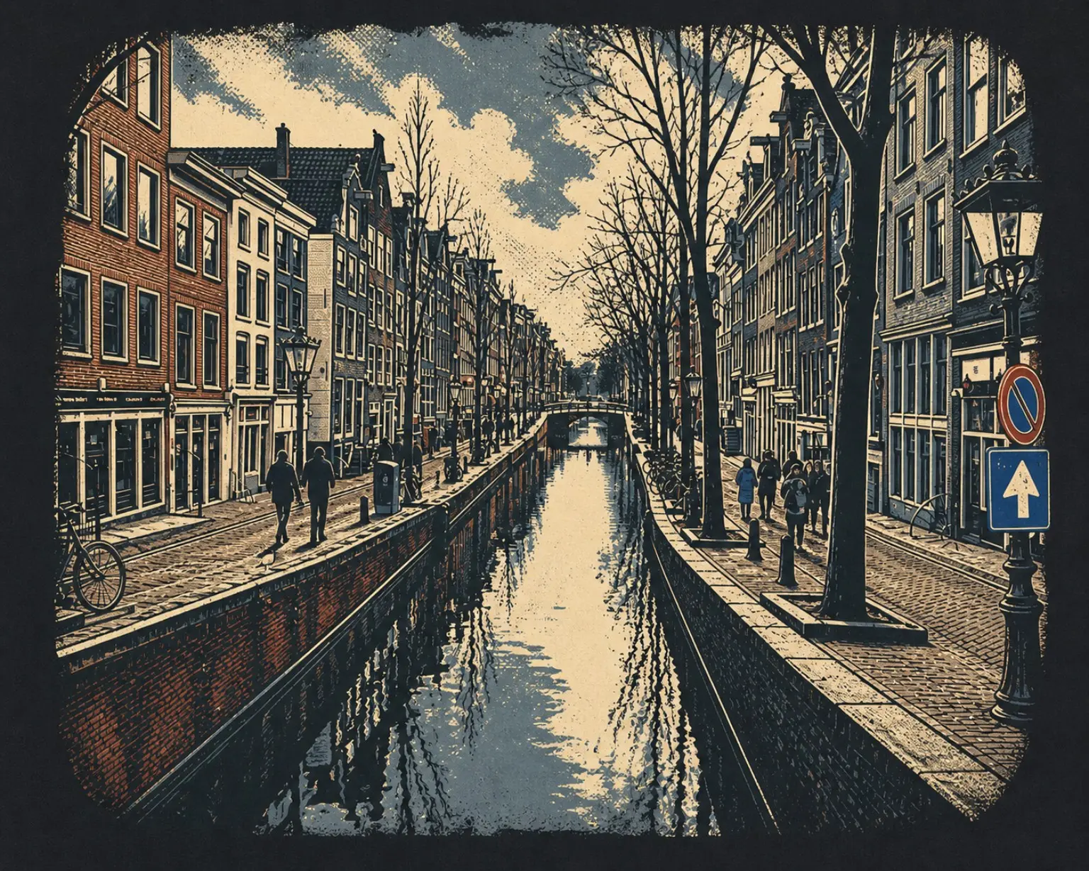 A vintage ink-style view along an Amsterdam canal lined with narrow houses and bare trees.