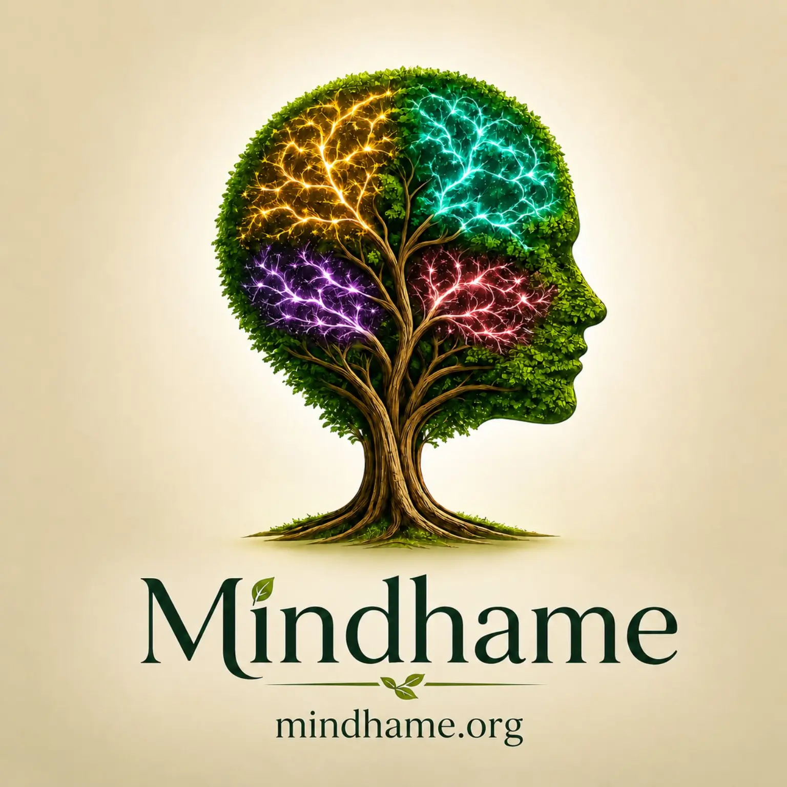 The Mindhame name appears beneath a tree shaped as a human profile with glowing branches.