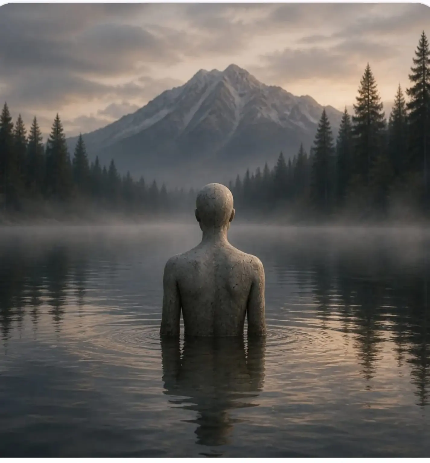 A solitary figure stands in a quiet lake facing a forest and distant mountain.