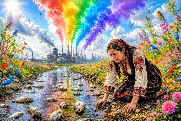 A woman kneels beside a stream of dead fish while rainbow smoke rises from a distant industrial skyline.