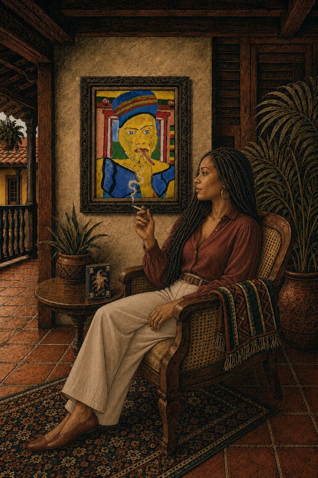 A woman sits in a richly decorated interior beside plants, carved wood and a framed portrait.