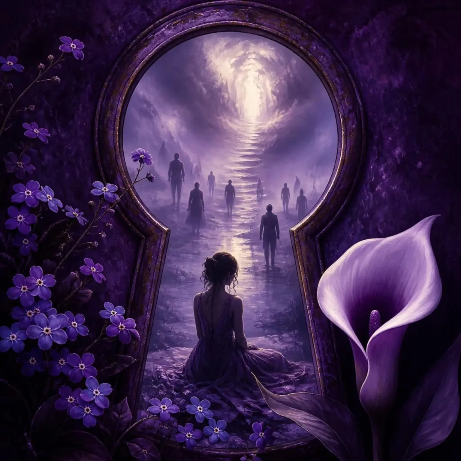 A seated figure looks through a keyhole-shaped portal towards silhouettes and a staircase of light.