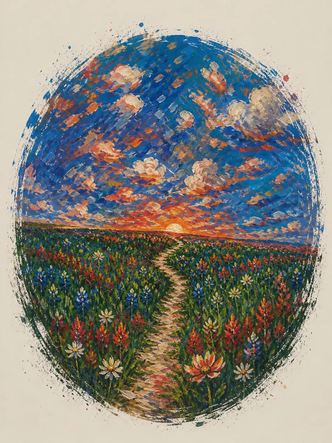 A winding path crosses a bright wildflower meadow beneath an expressive blue and orange sky.