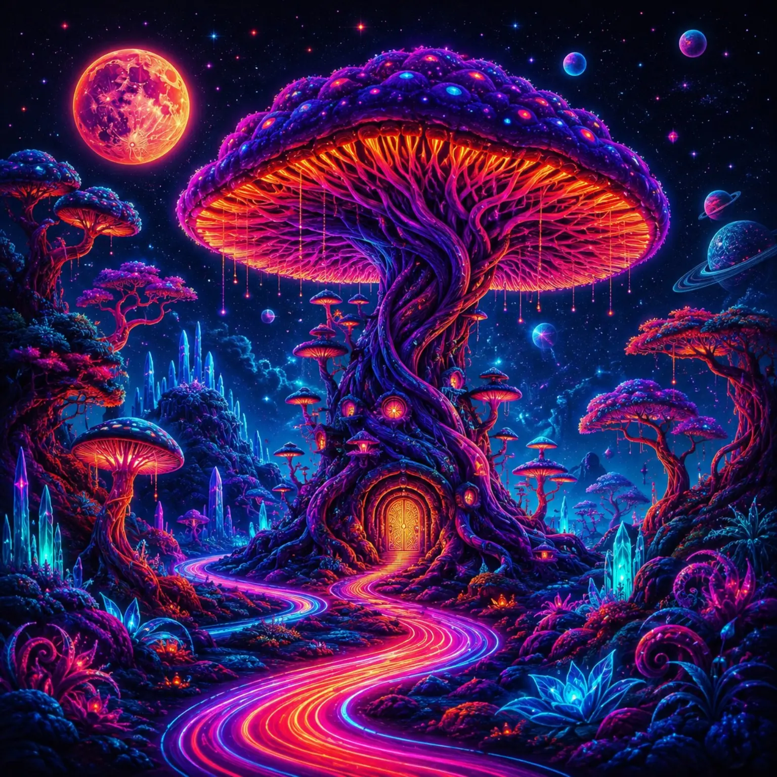 A luminous path winds through a cosmic mushroom forest towards a glowing hidden doorway.
