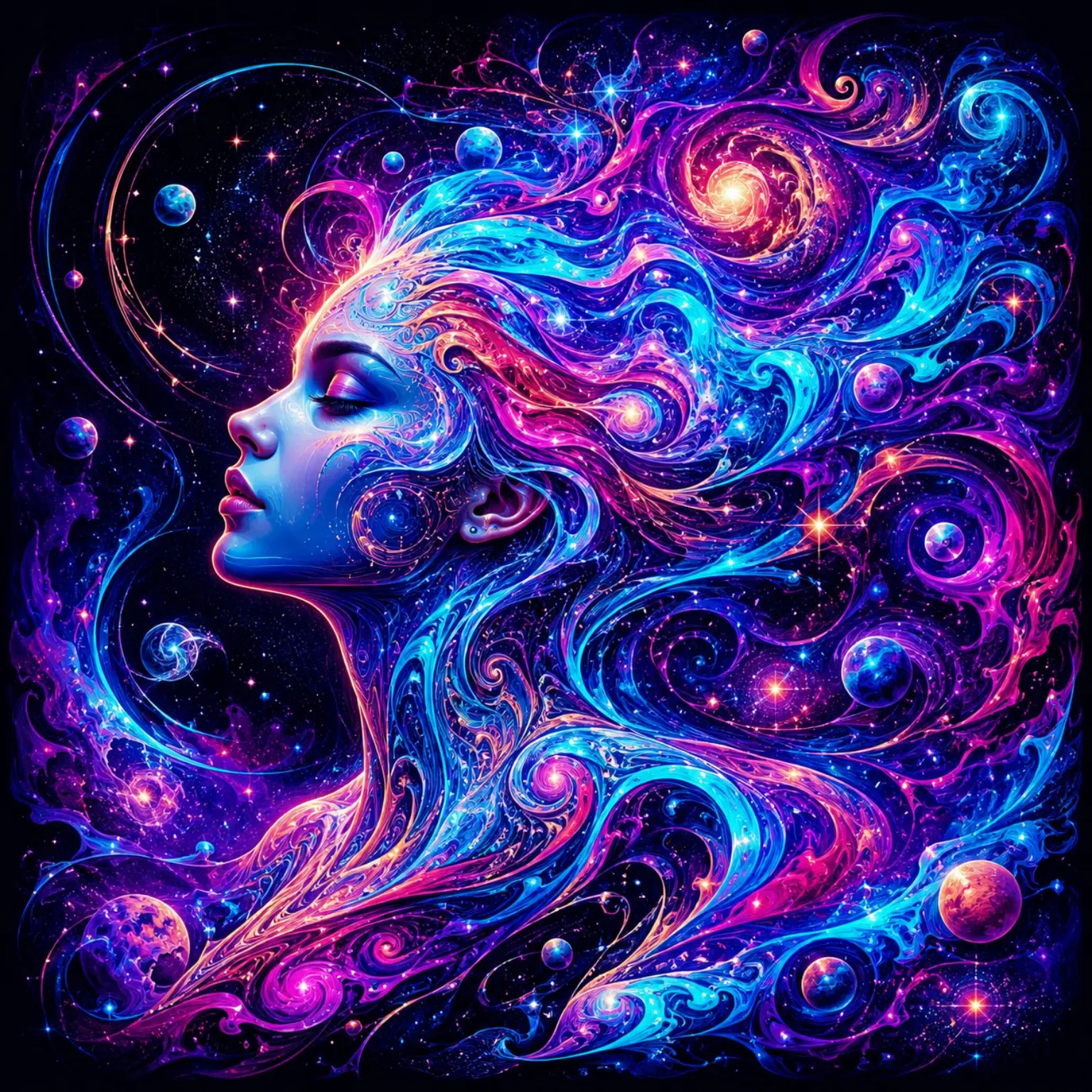 A serene woman in profile flows into vivid blue and magenta galaxies and distant planets.