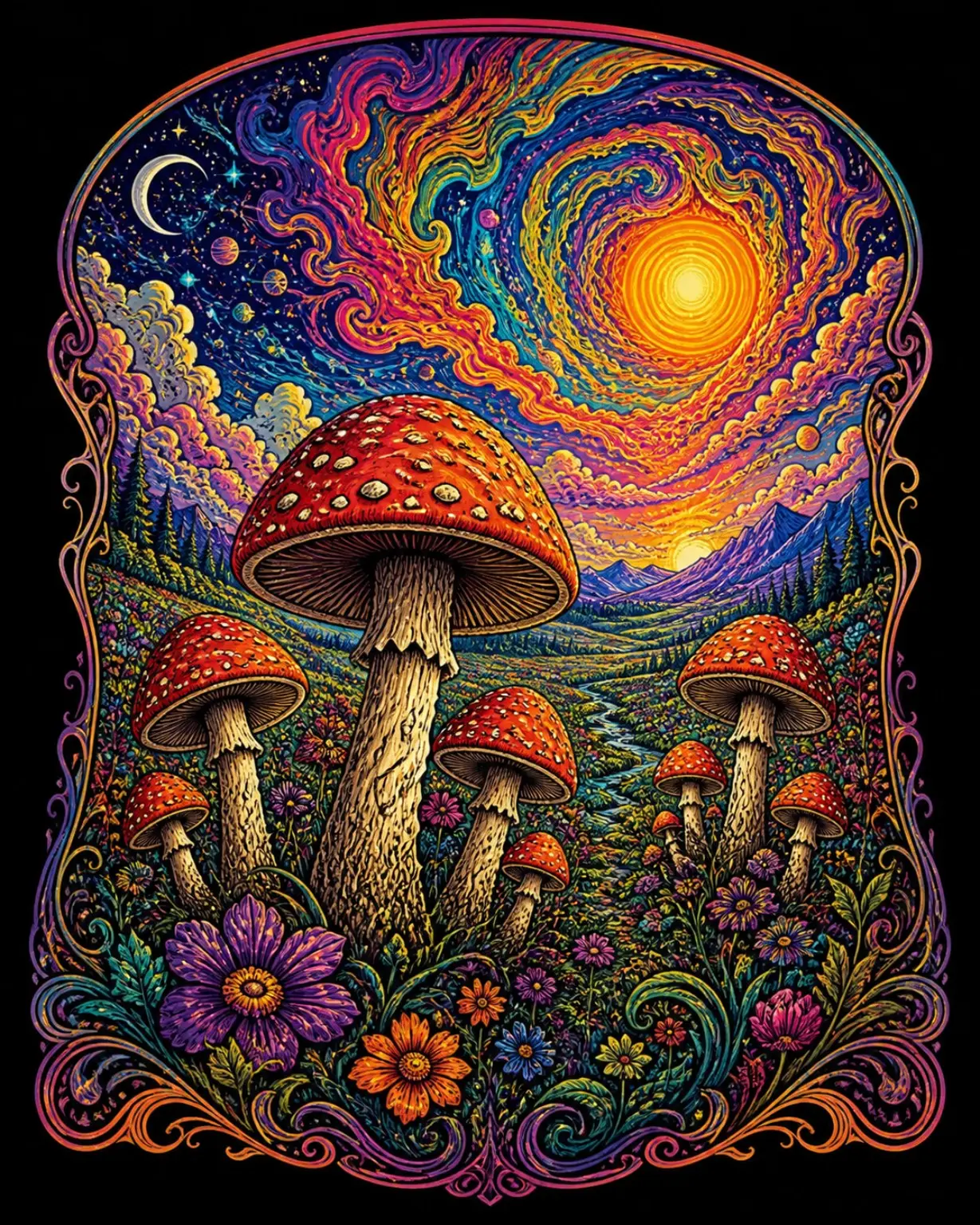Red-capped mushrooms fill a colourful valley beneath a spiralling celestial sky.