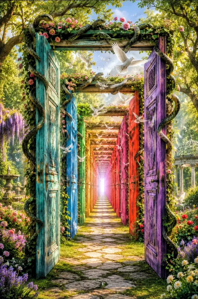 A garden path passes through brightly coloured doors entwined with snakes and flowers as white birds fly overhead.