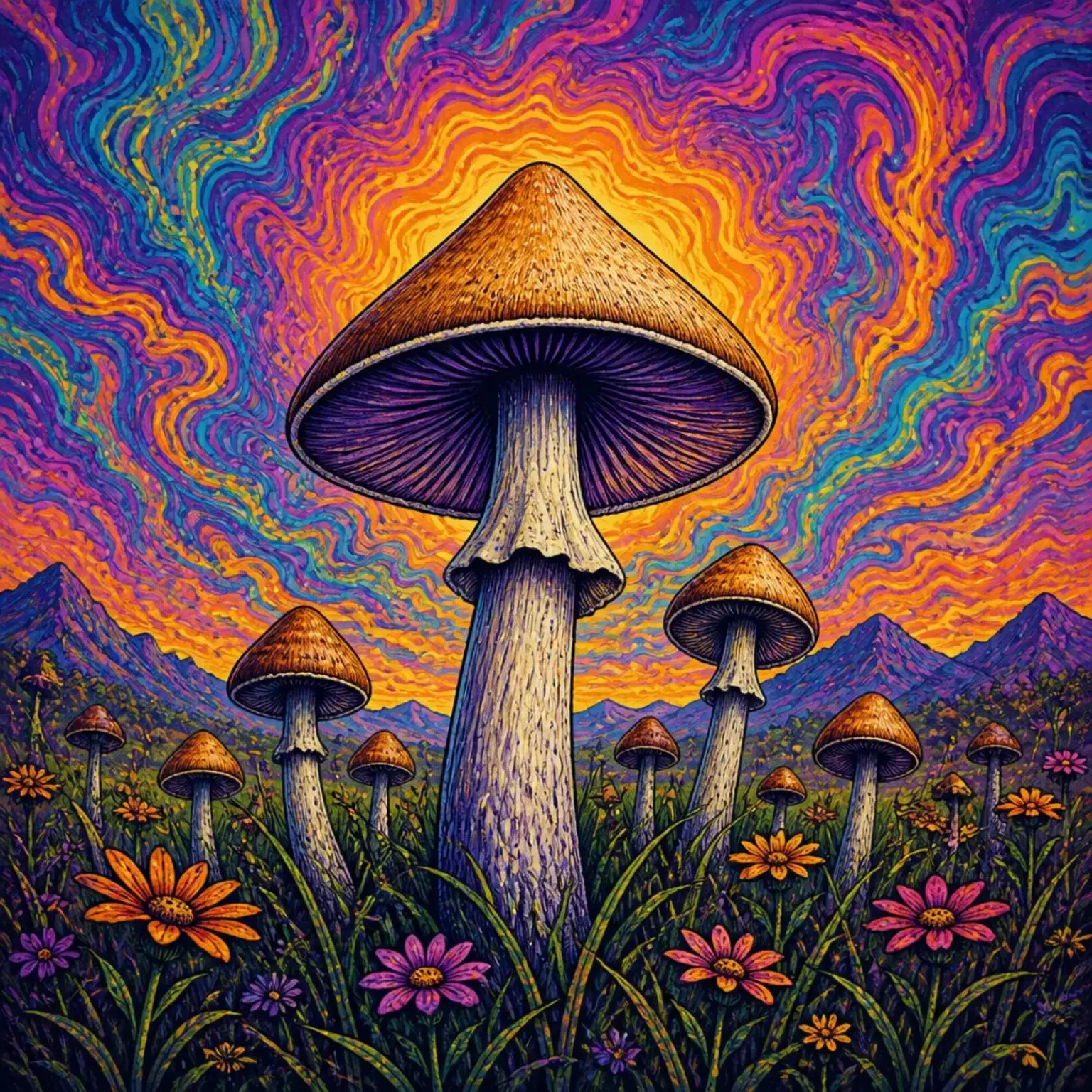 Tall mushrooms rise through flowers beneath a glowing sun and waves of vivid colour.