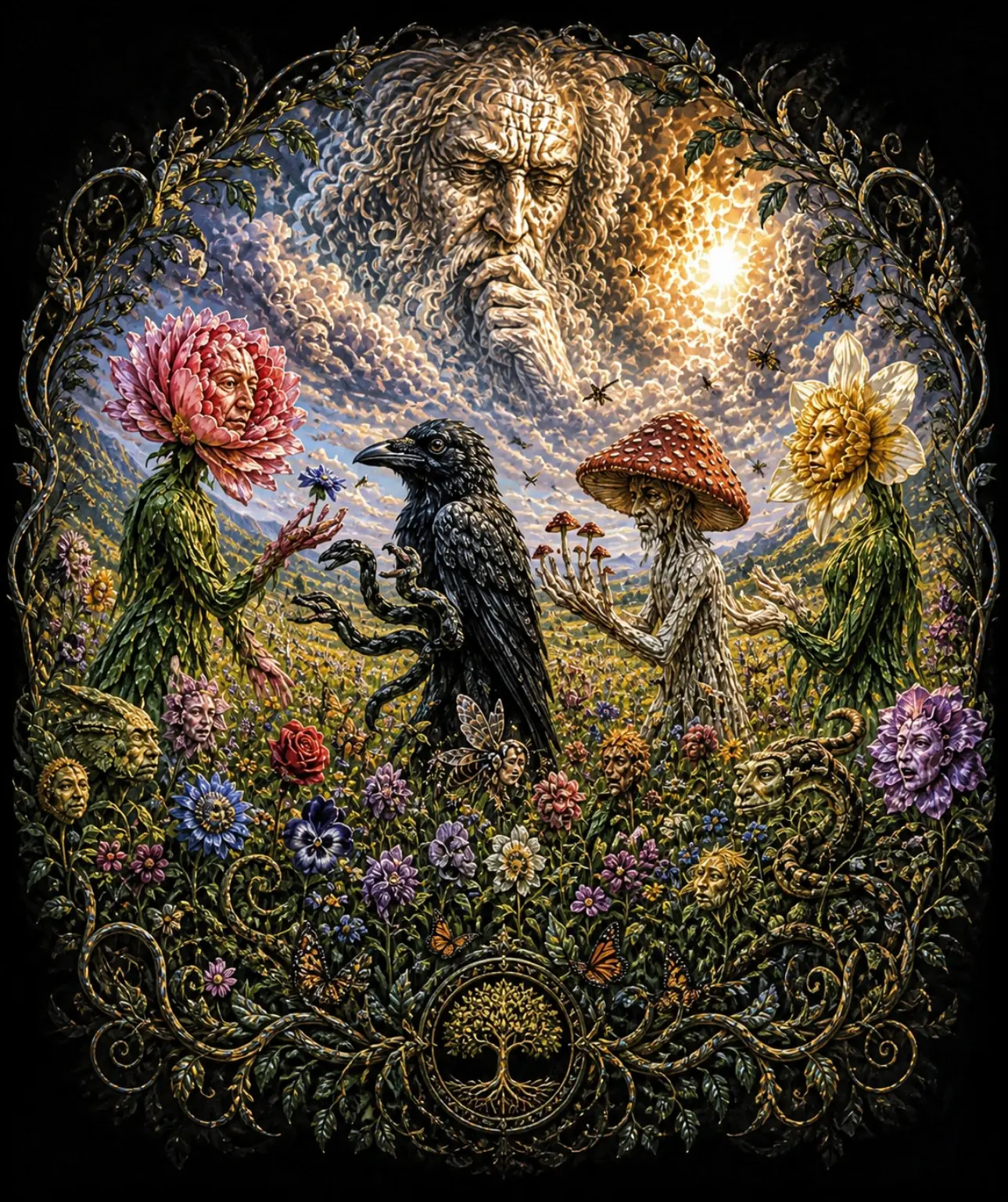 An ornate gathering of flower, mushroom and crow figures beneath a thoughtful face in a sunlit sky.