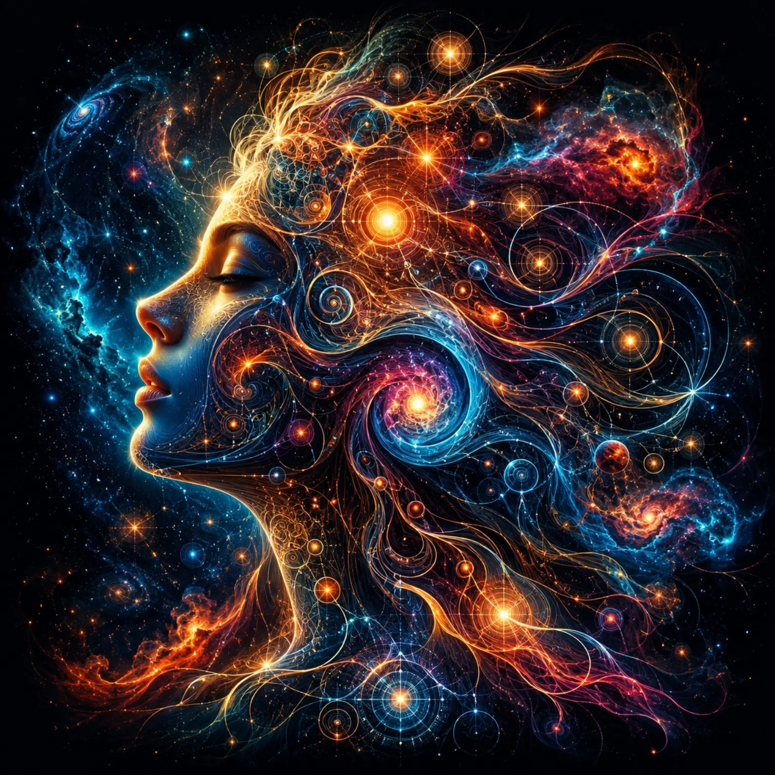 A thoughtful profile is formed from glowing stars, galaxies and fine celestial pathways.
