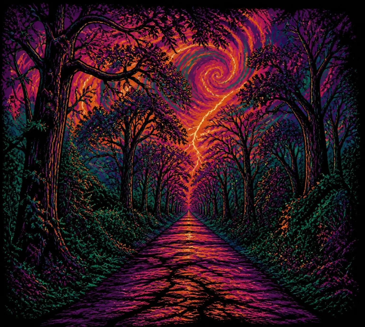 A vivid forest path leads towards a swirling orange, pink and purple sky.