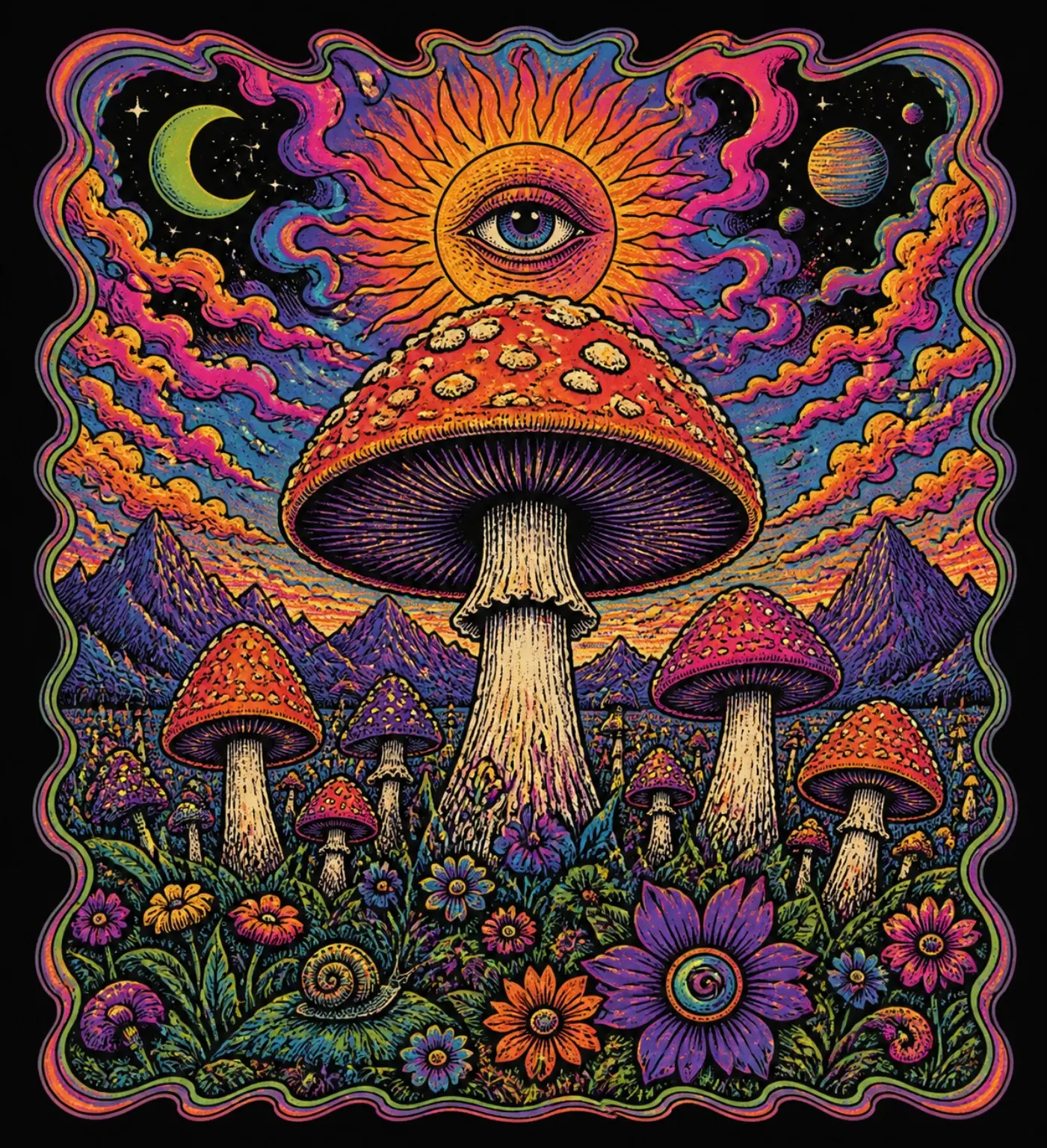 Bright mushrooms and flowers grow beneath a sun with an eye, a crescent moon and distant planets.