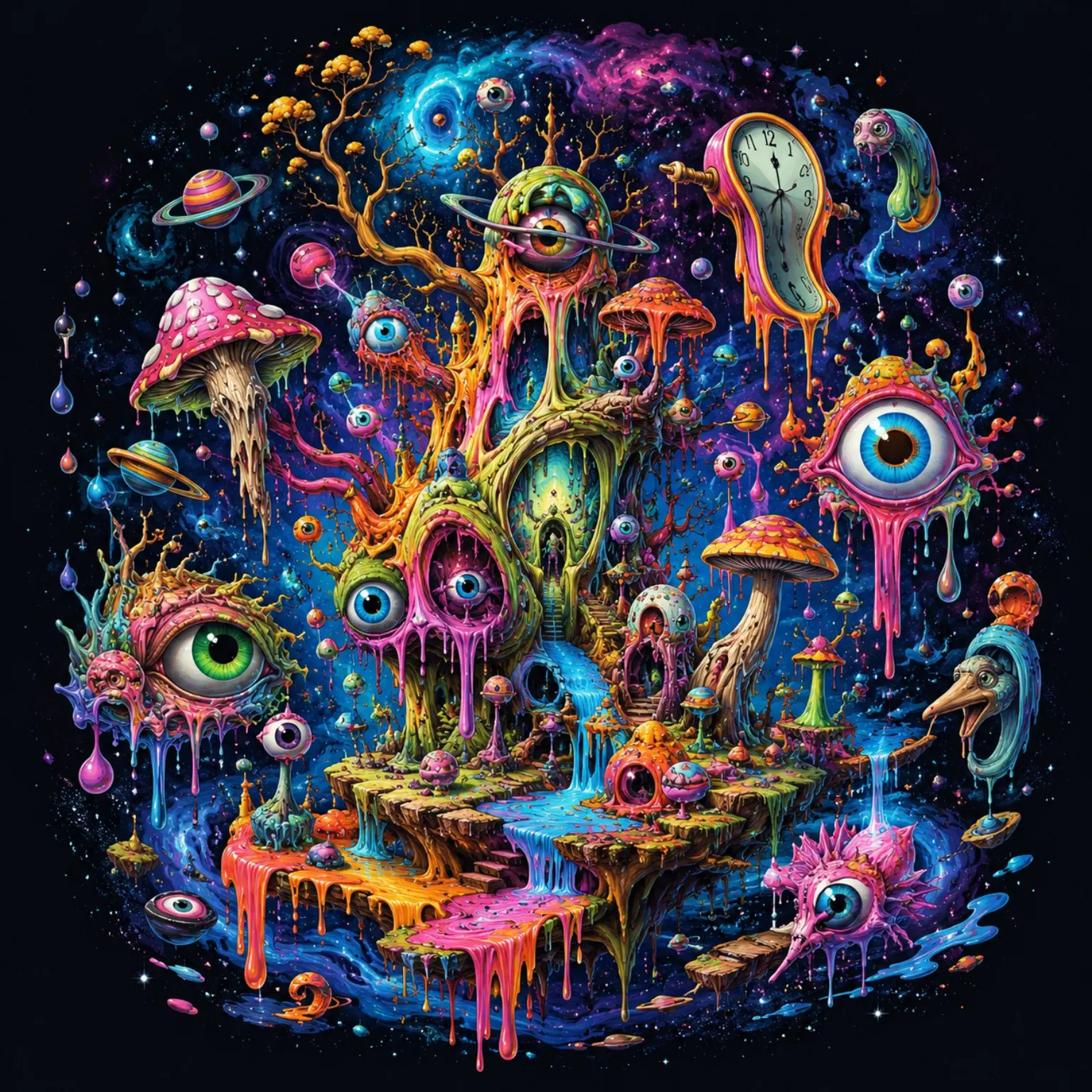A surreal cosmic world of melting clocks, watchful eyes, mushrooms and luminous colour.