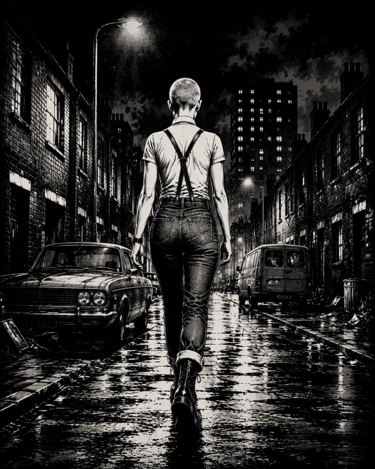 A lone figure in braces and boots walks along a rain-soaked city street after dark.
