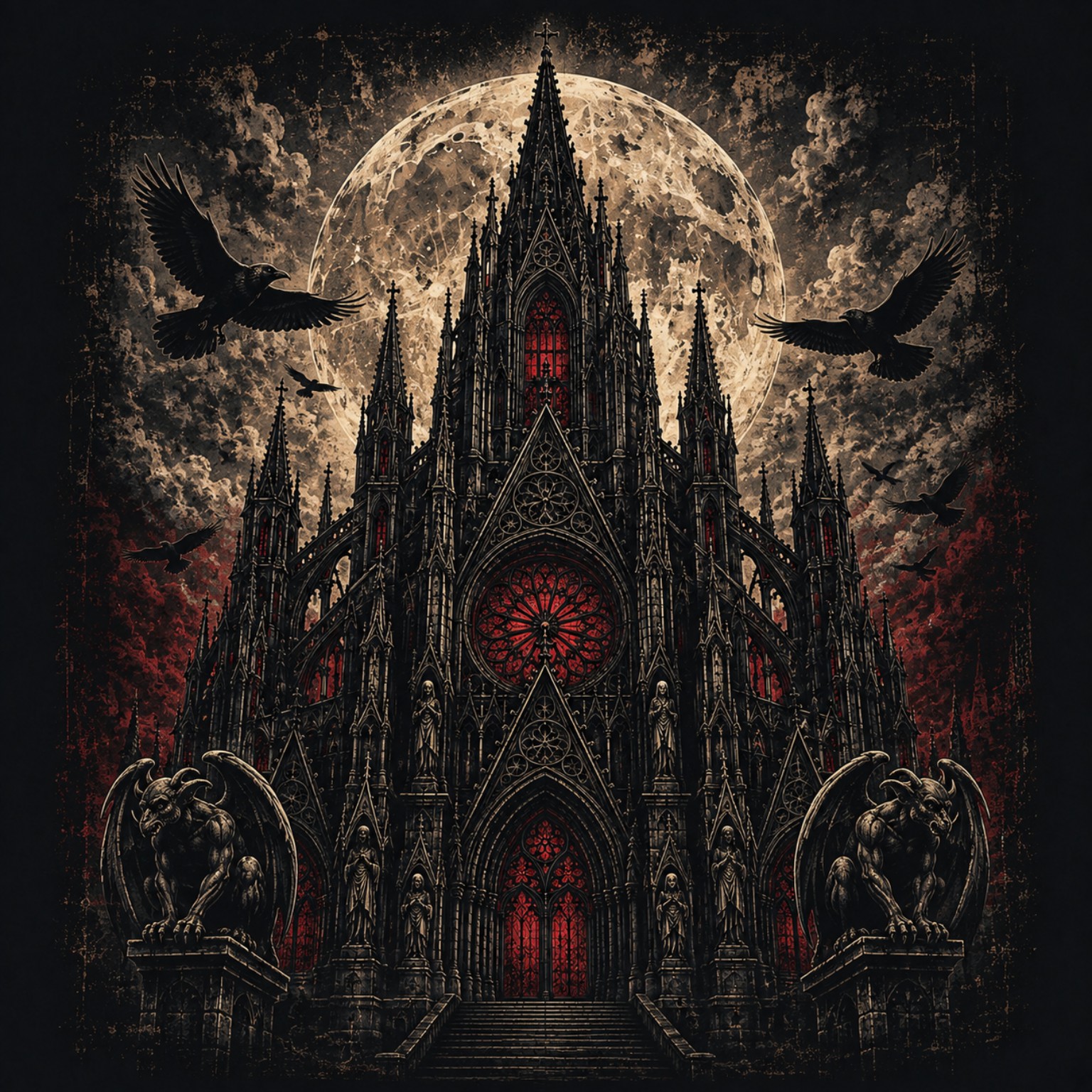 Crows and gargoyles surround a dark gothic cathedral beneath a vast full moon.
