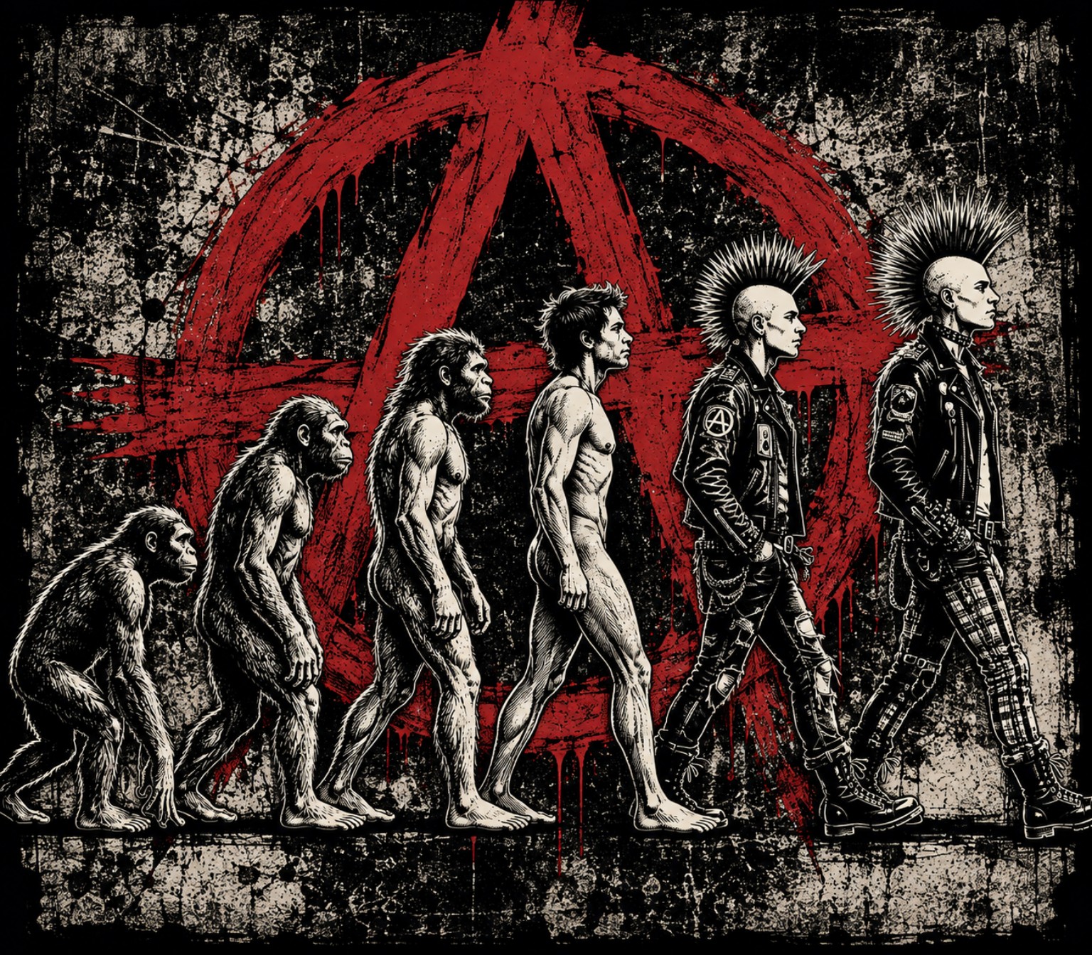 An evolution sequence ends with two punks against a distressed red anarchy symbol.