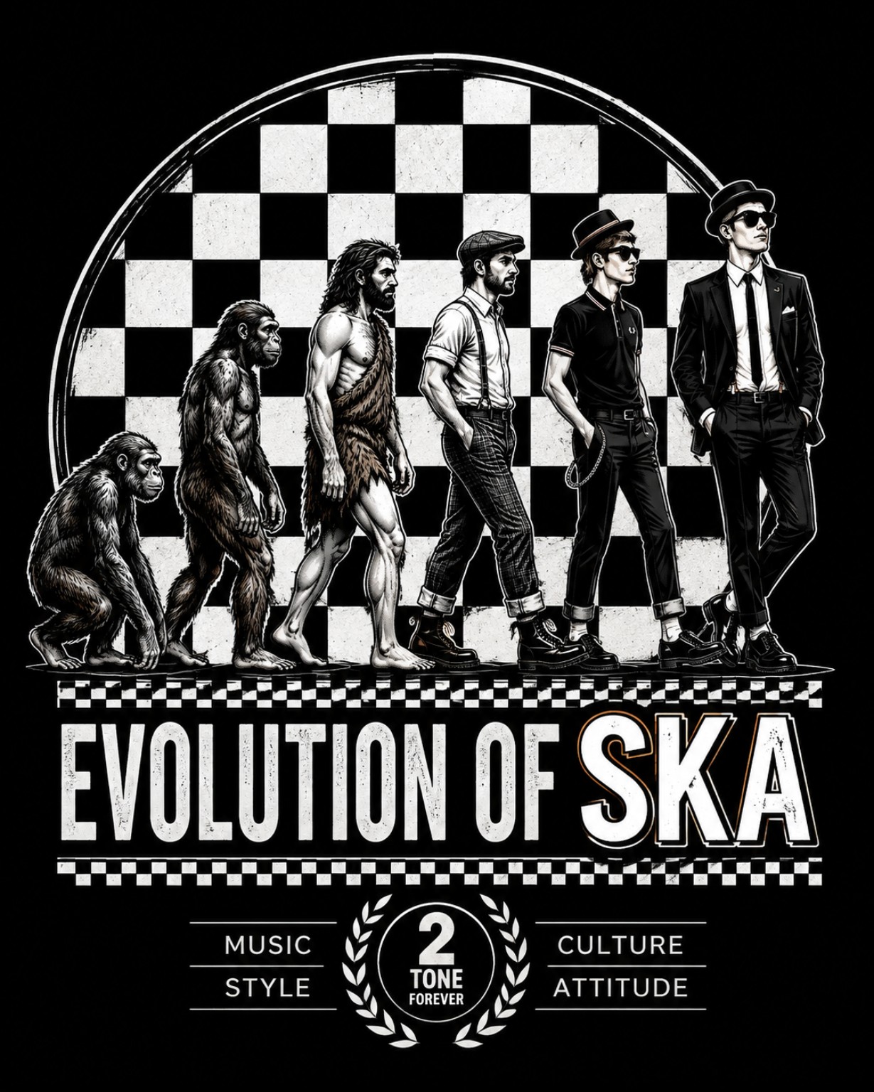 An evolution sequence crosses a checkerboard background beneath the words Evolution of Ska.