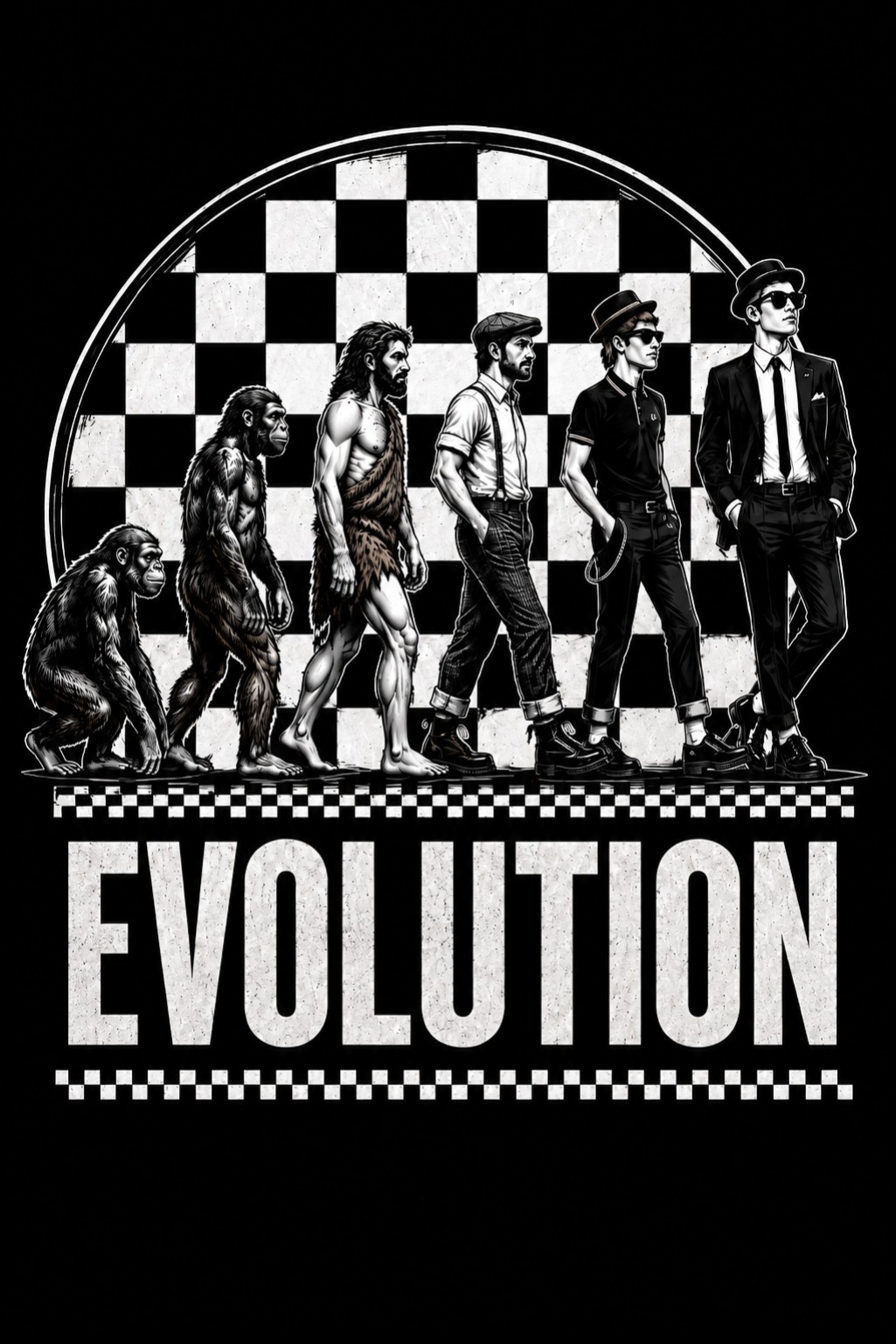 A black-and-white evolution sequence finishes with sharp two-tone ska style.