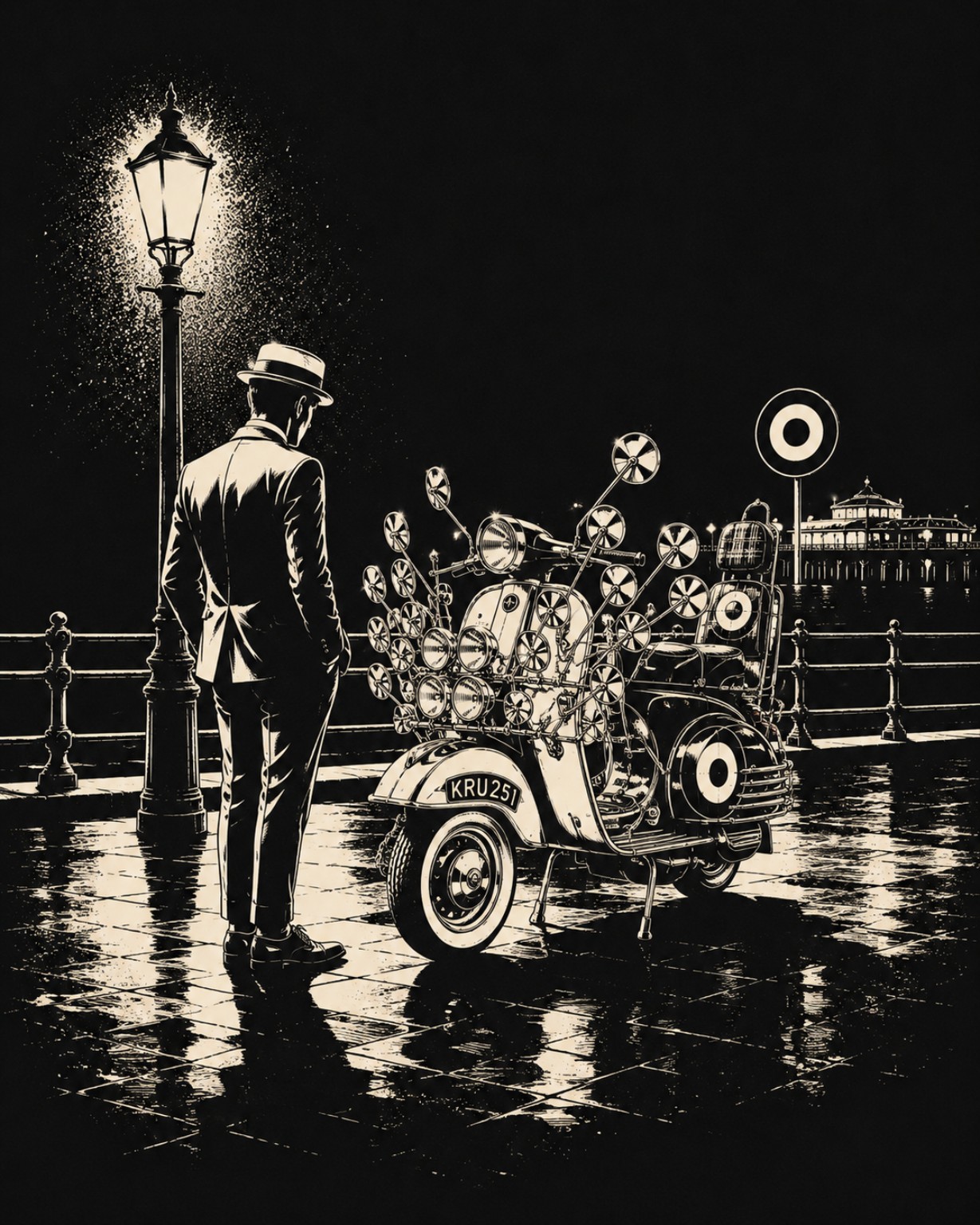 A suited mod stands beside a scooter covered in mirrors and lights on a wet seafront at night.