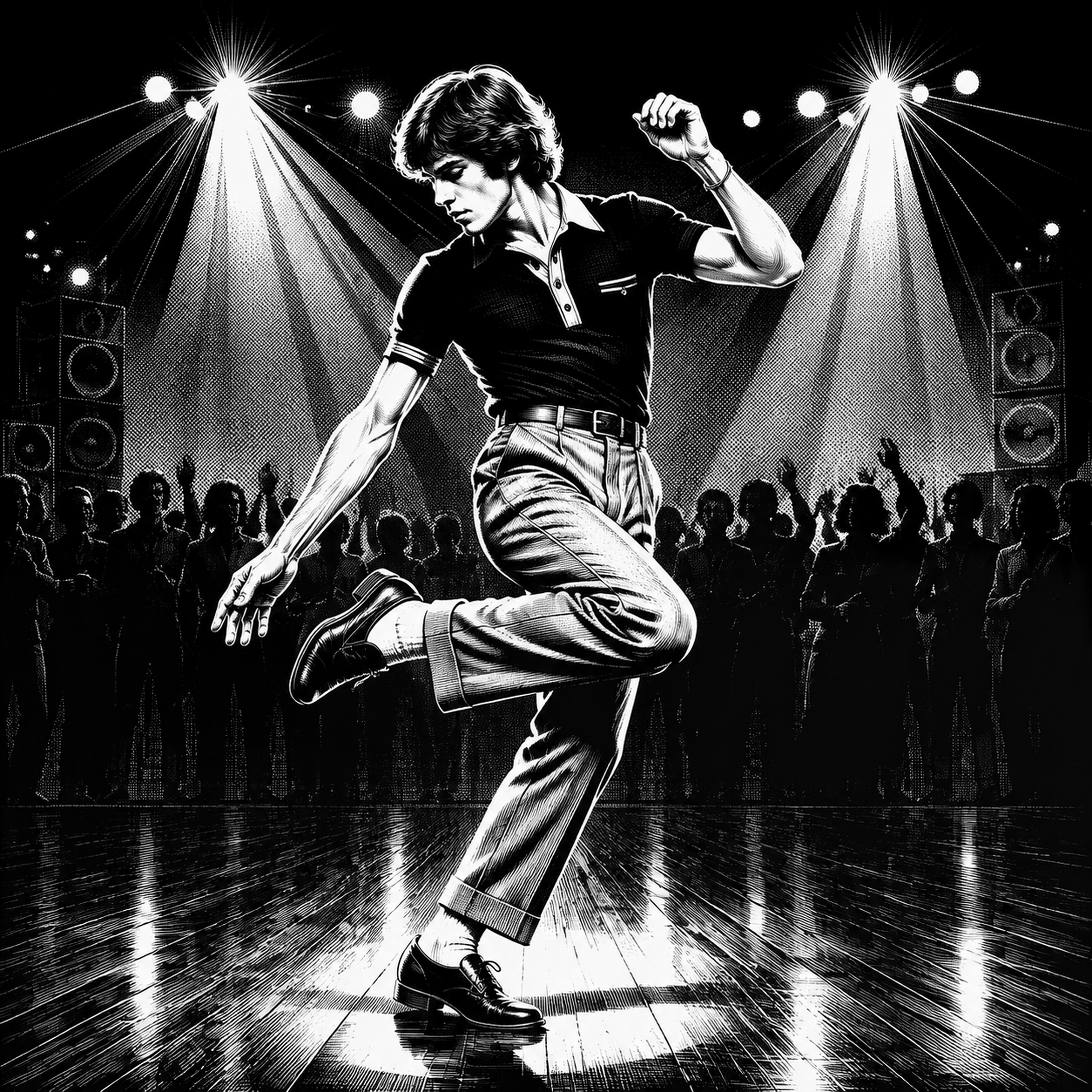 A black-and-white Northern Soul dancer leaps beneath the lights at a crowded all-nighter.