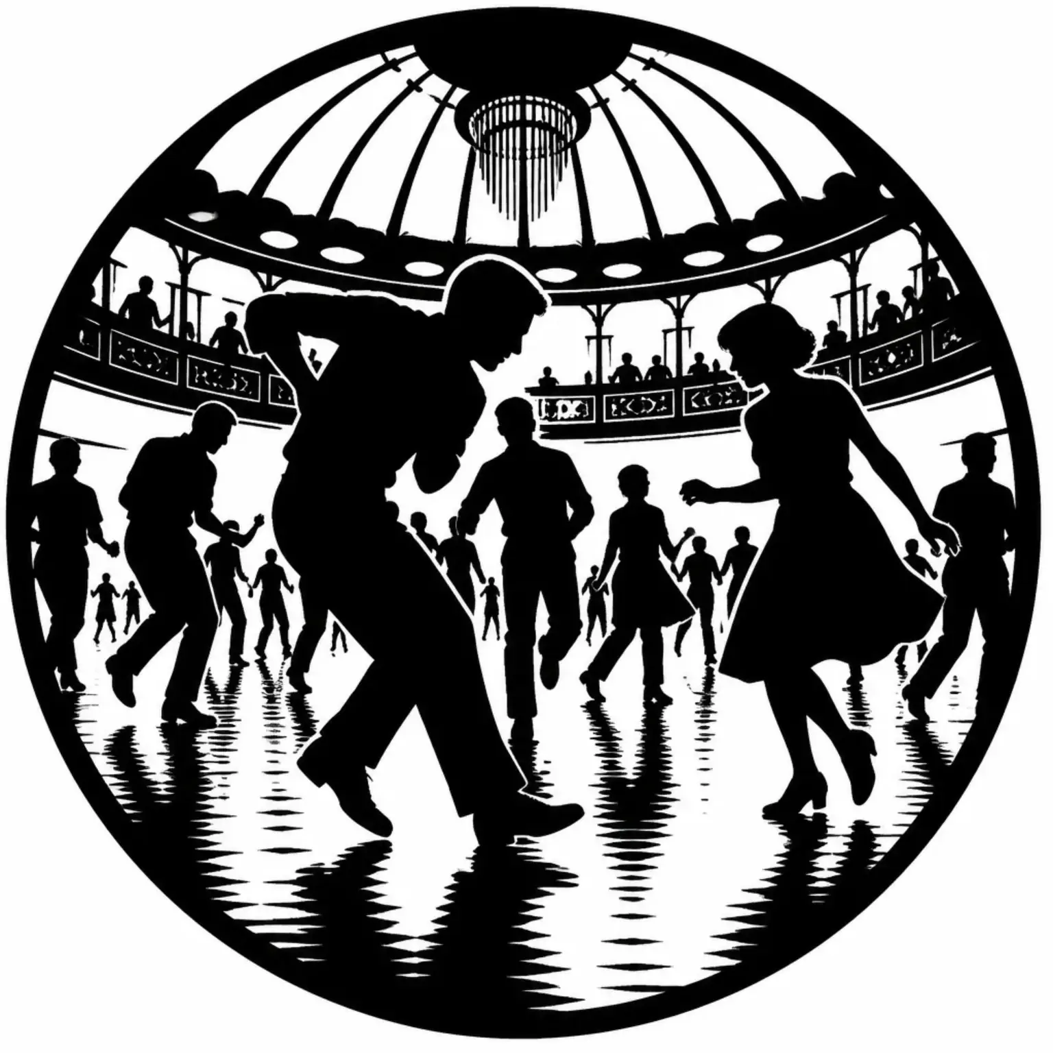 Black-and-white silhouettes dance beneath a domed ballroom roof in a lively Northern Soul all-nighter.