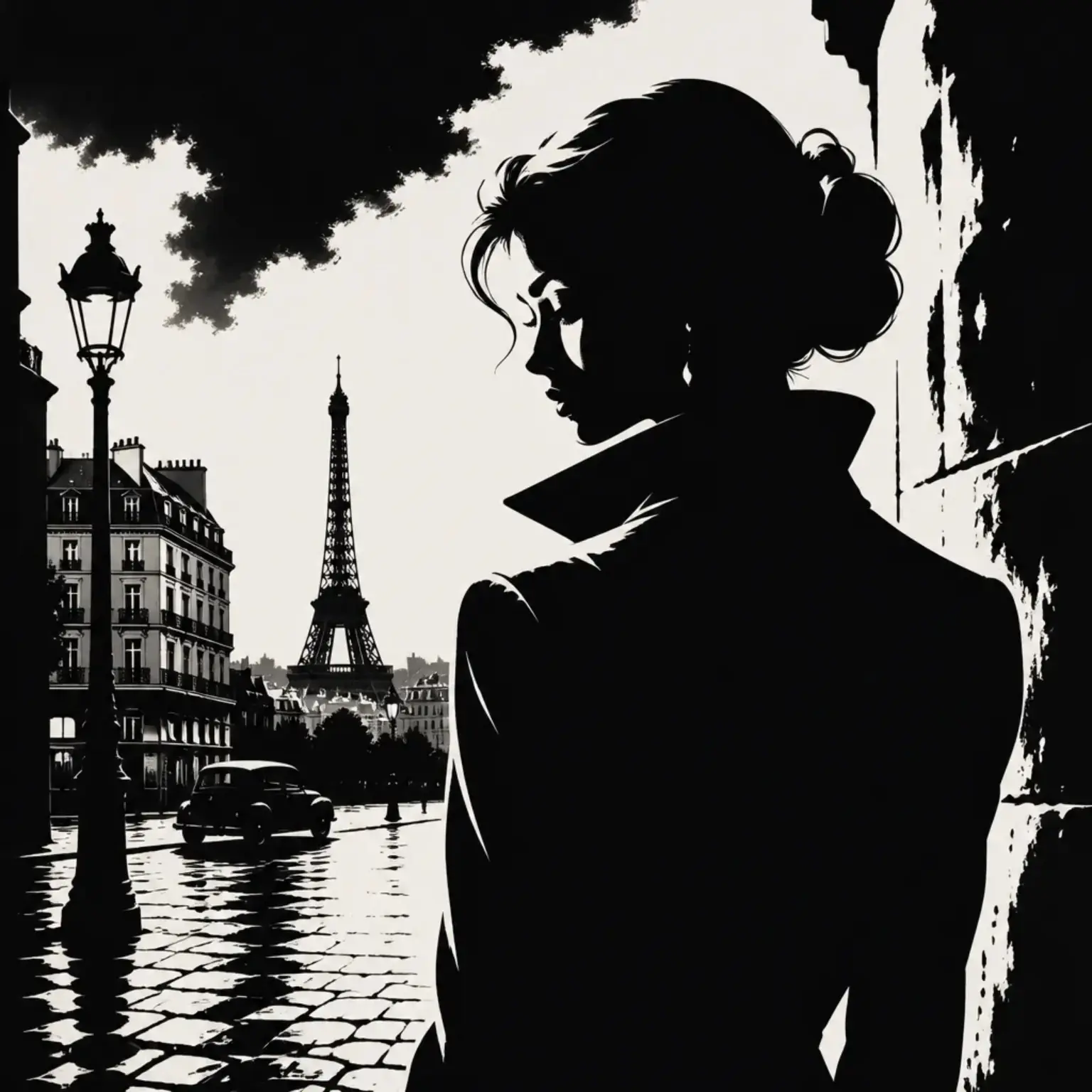 An elegant woman in silhouette looks across a rain-polished Paris street towards the Eiffel Tower.