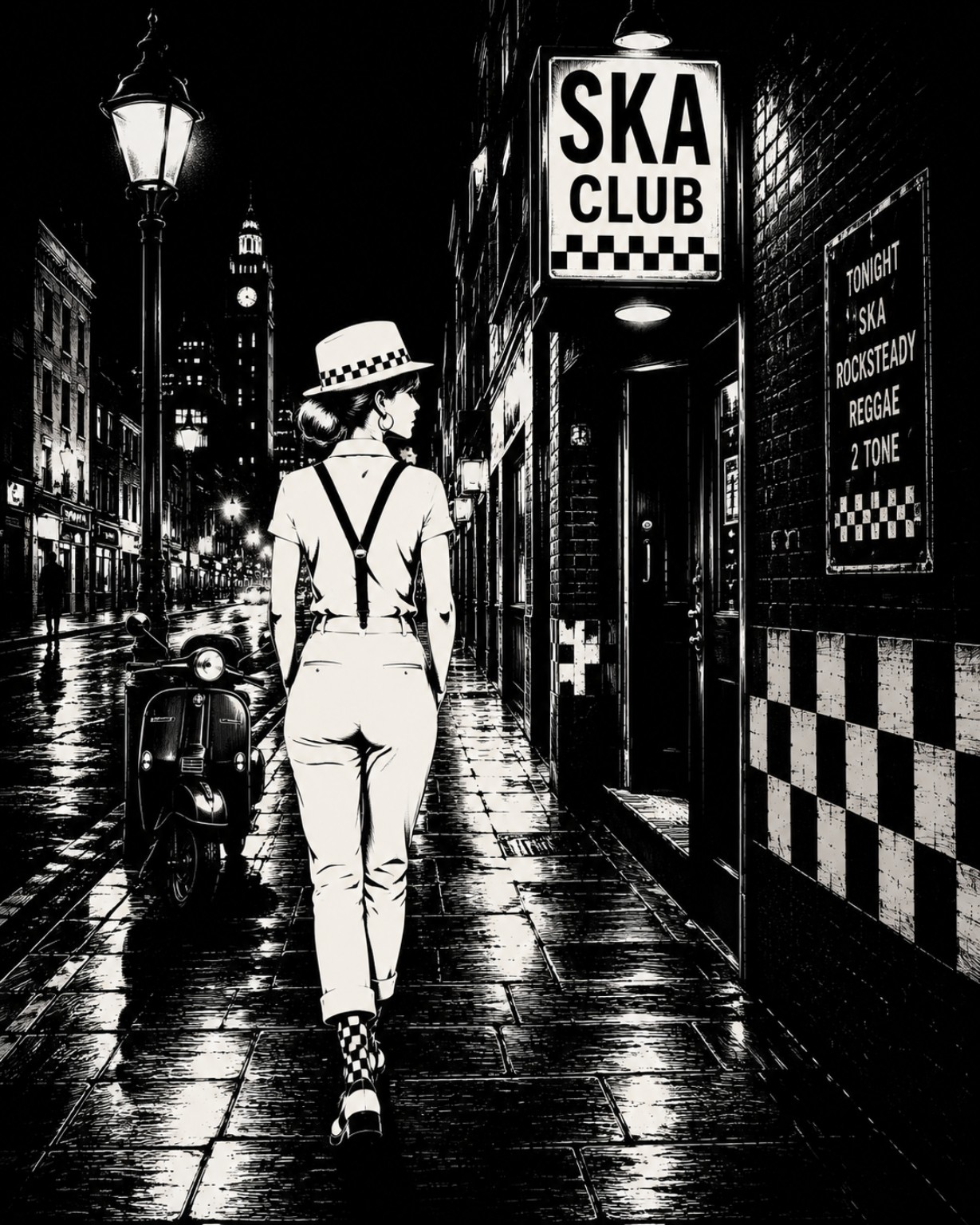 A woman in two-tone ska clothes walks towards a ska club on a wet city night.