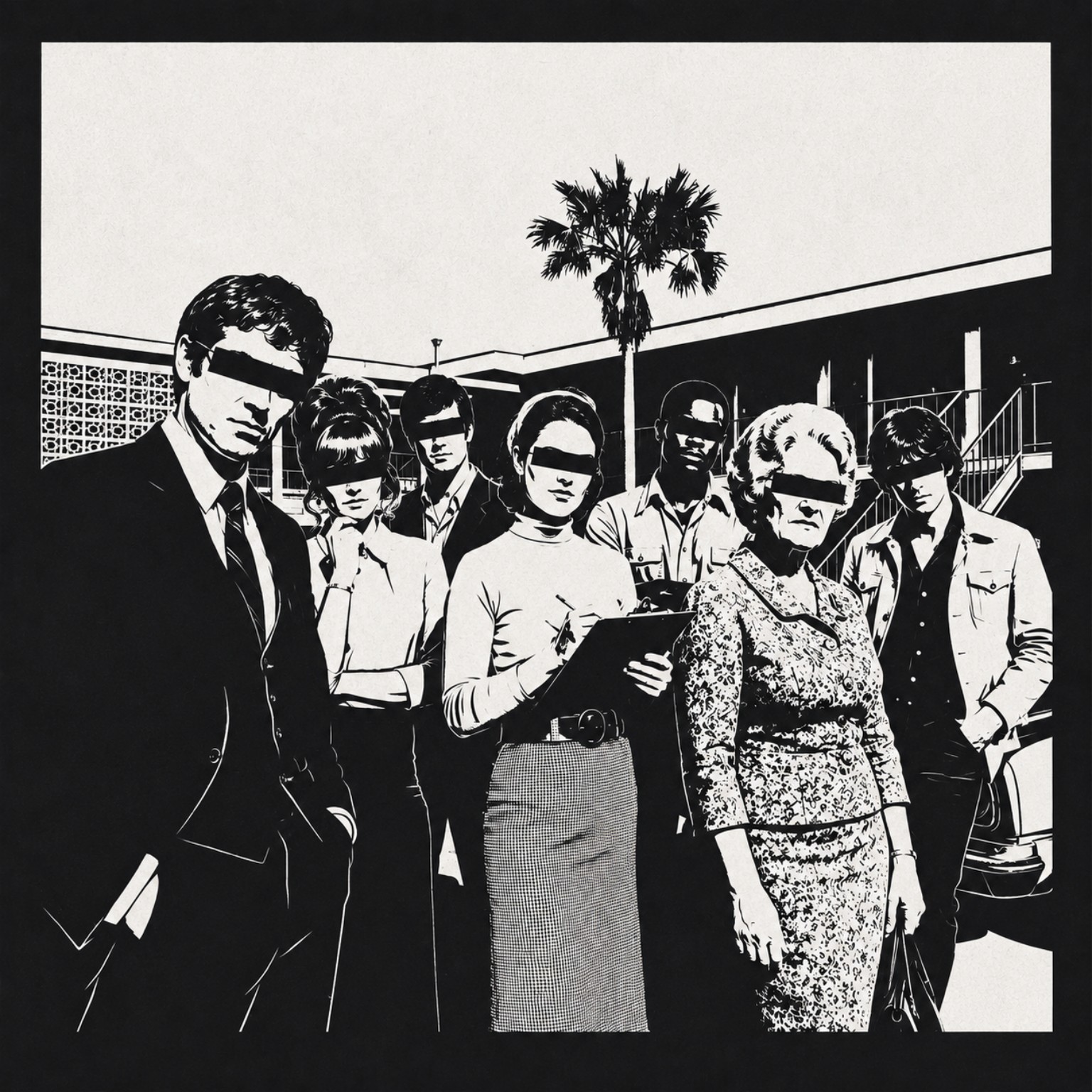 A stark black-and-white group portrait with a dark bar covering every person's eyes.
