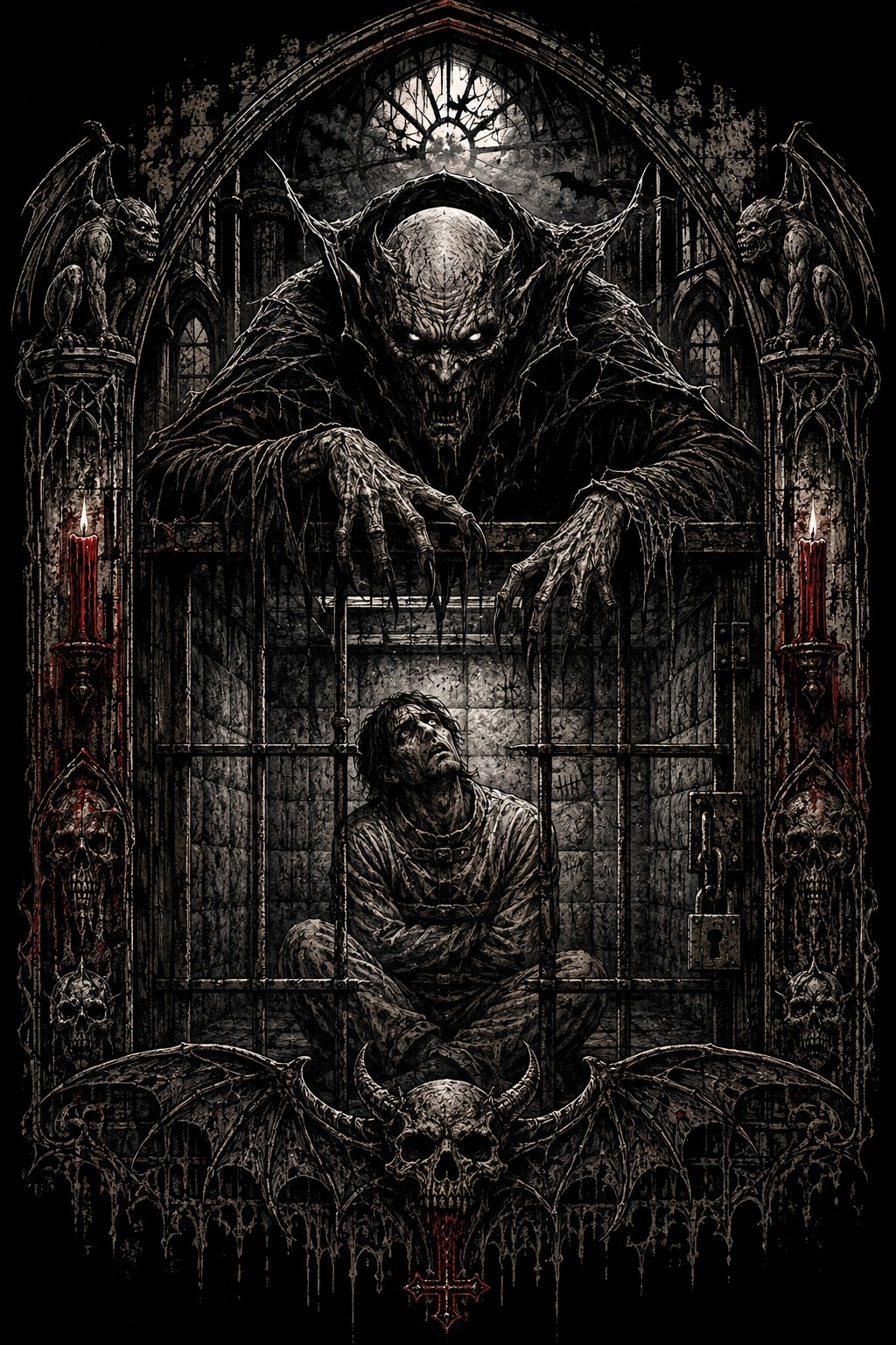 A gothic creature looms above a prisoner in a locked crypt framed by skulls and gargoyles.