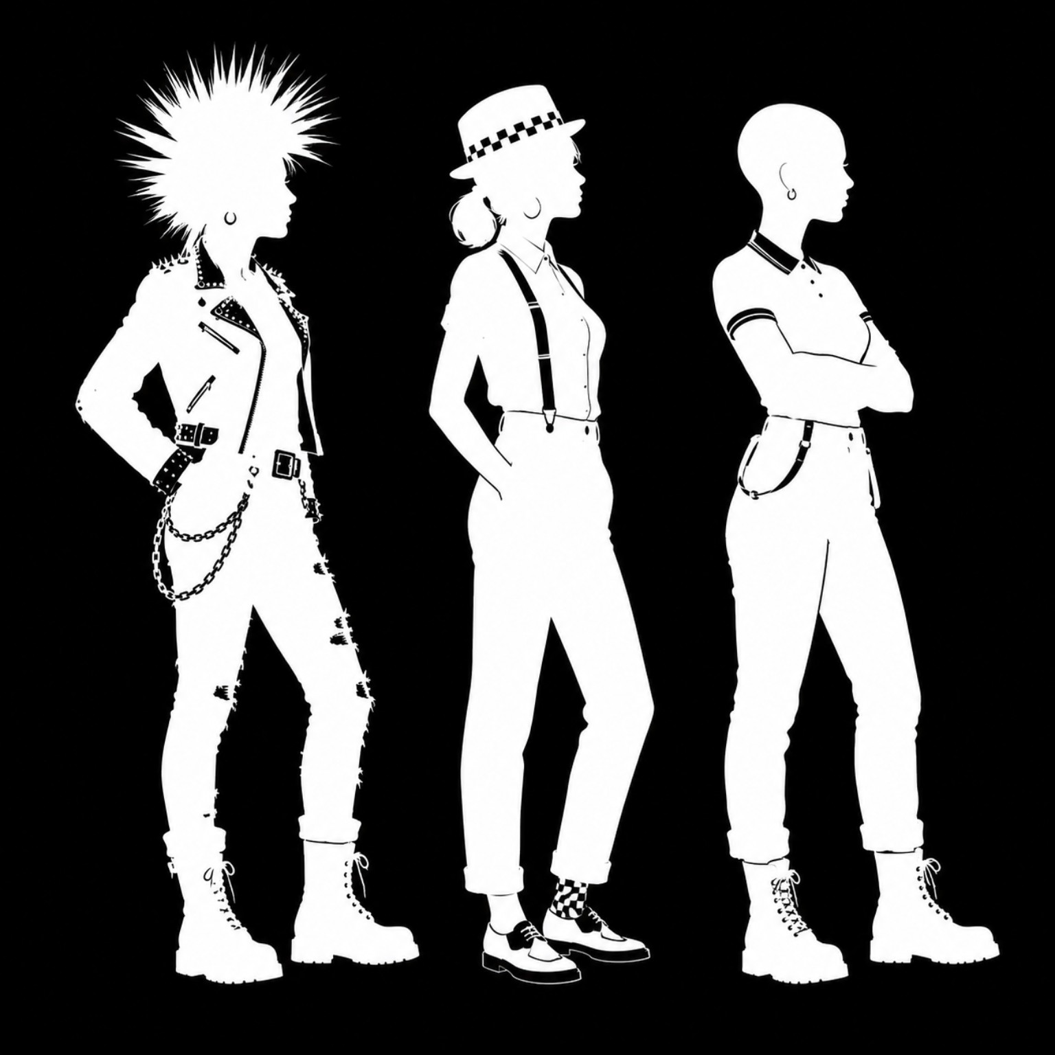 Three bold black-and-white female silhouettes in punk, ska and mod-inspired styles.